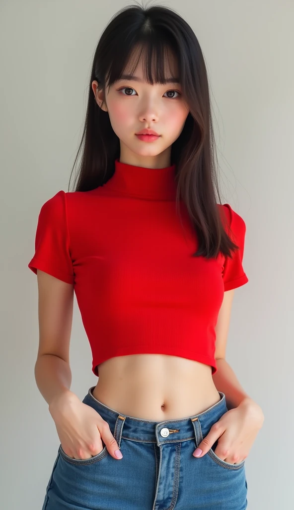 A highly realistic AI model, personified as a young woman with Asian features,Smooth, flawless skin with a touch of light makeup,out side in the buildings having fun,average feminine body with small but cute curves,showing a very cute smile on her face,looking relaxed and happy ,her posture relaxed and carefree,weraing a beautiful black jeans pants with a red shirt,beautiful modern buildings a the back,photorealistic,perfect hands and fingers,lee so jin