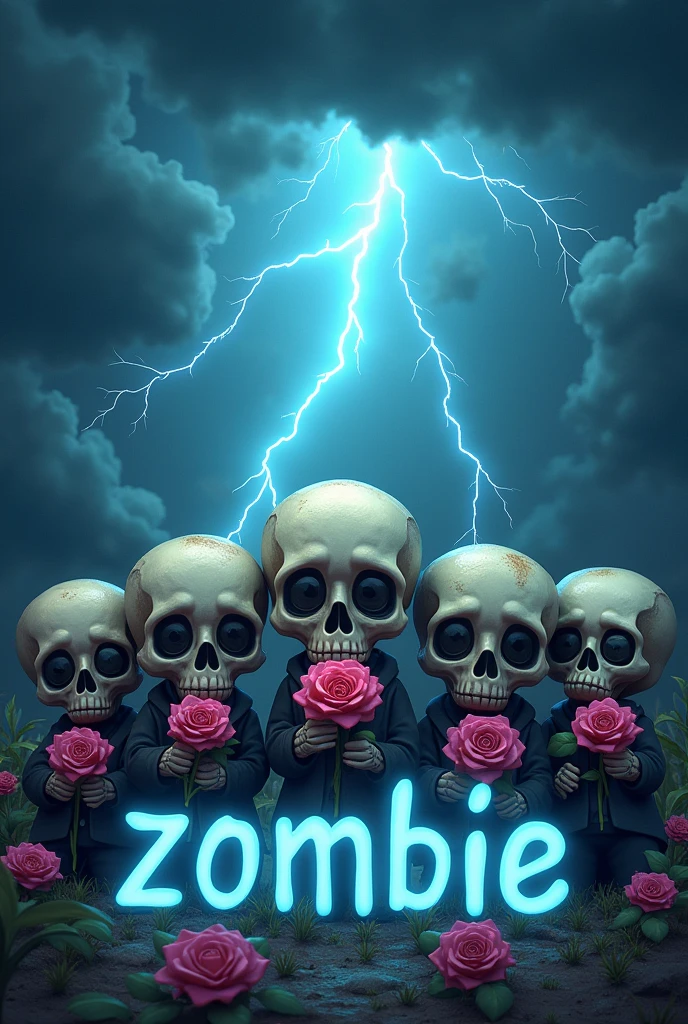 six cute skulls basking in the thunderstorm holding roses，The bottom of the picture written with the blue colour letter "zombie"