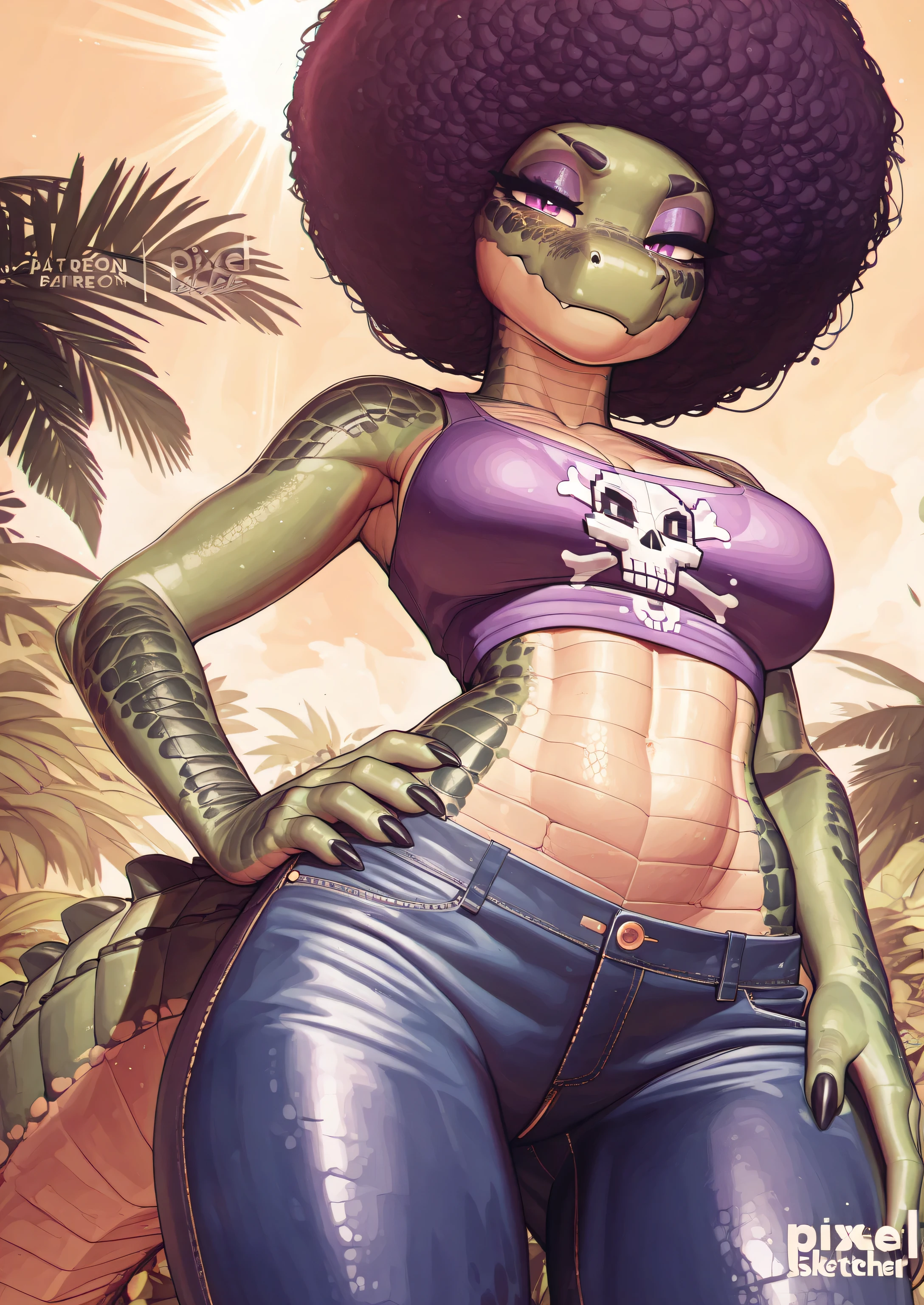((kalypso)), ((Pixelsketcher)), ((masterpiece)), ((high resolution)), ((solo portrait)), {(scalie), (alligator), (athletic figure), (toned body), (beautiful legs), (green skin), (scales), (curly purple afro), (black claws), (cute purple eyes), (purple eyeshadow), (smug smirk)}, {(purple tank top), (skull print on shirt), (cleavage), (midriff), (tight blue jeans)}, {(looking at viewer), (hand on hip)}, ((tropical jungle)), ((yellow sky)), ((sun rays))