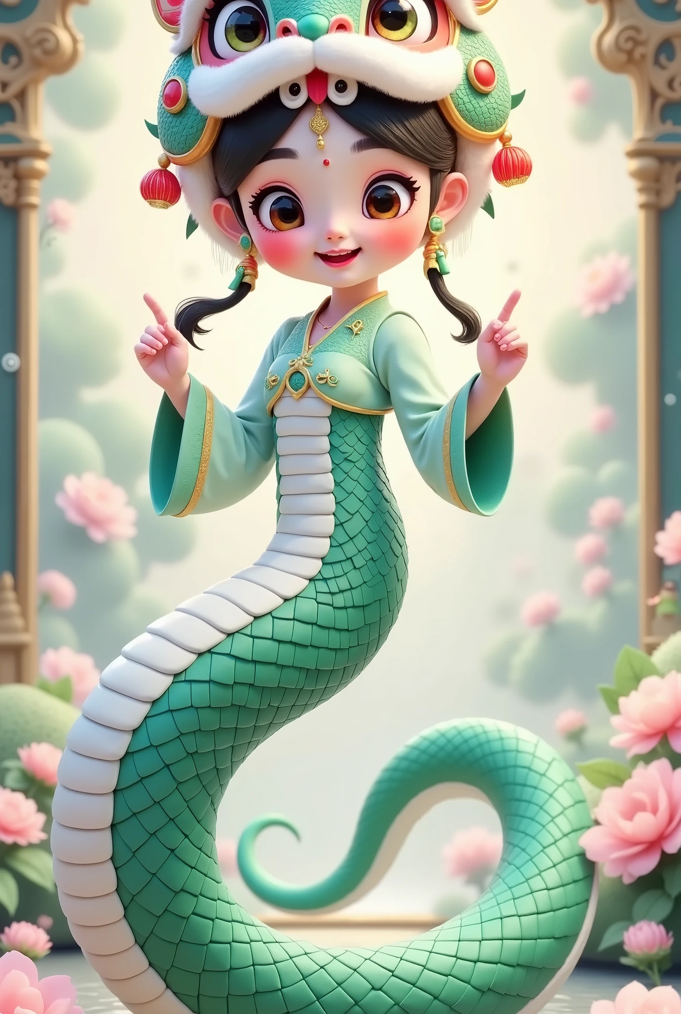 ( masterpiece, best quality:1.2), 1Snake girl , Mermaid,unique ,cute,hand, Chinese style,(((Lion hat:1.5))),cute细致数码艺术, cute的数字绘画, cute的数字艺术,