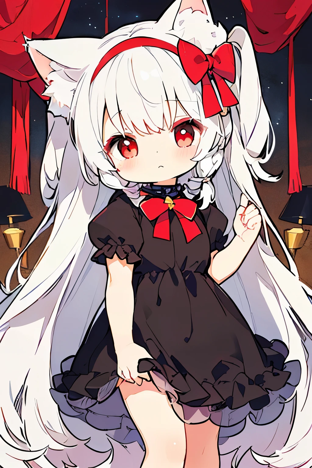 high resolution, masterpiece, accurate, top quality, High detail , high image quality model, Ultra Fine, (((((Black cat ears))))),(((((( long hair)))))),((((((Ruffled black dress with thin red bow)))))),((((( cute girl))))),((((((Lori)))))),((((((( big red eyes))))))),