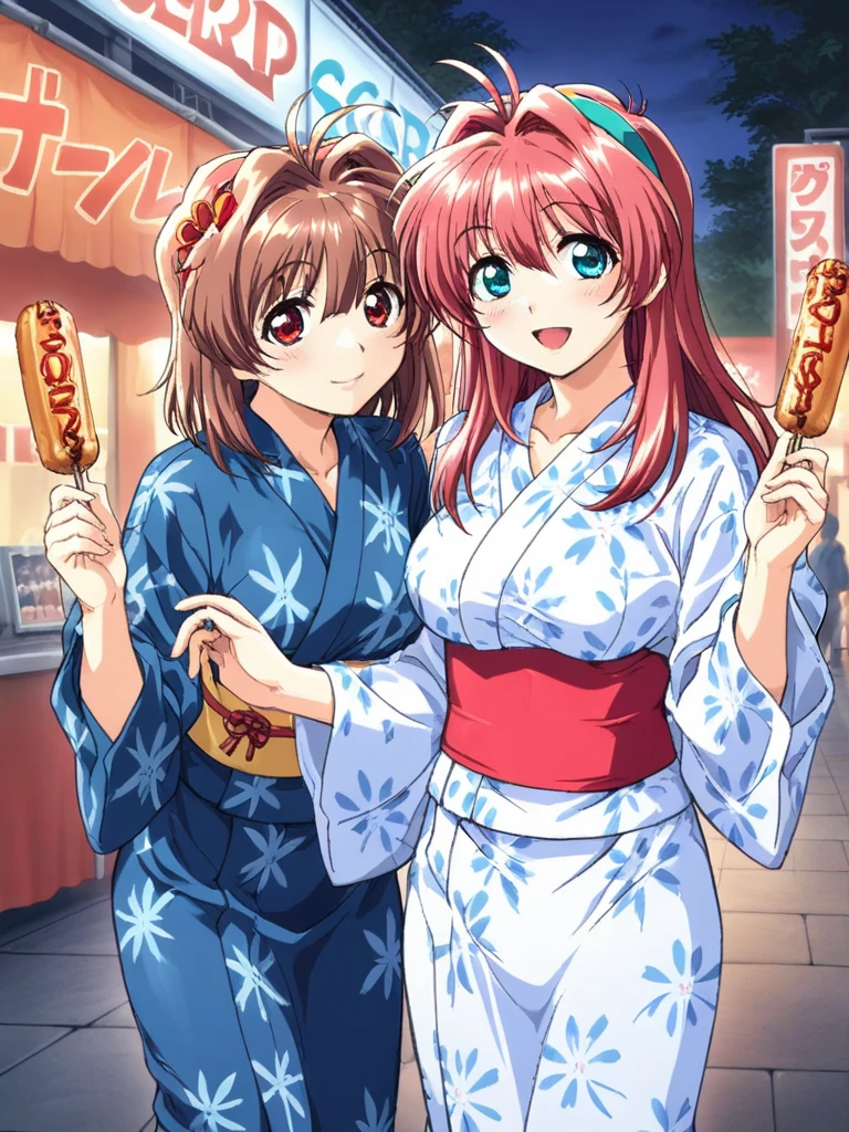 masterpiece, best quality, two girls, misaka mikoto, toaru kagaku no railgun, shirai kuroko, toaru kagaku no railgun, Furisode, These women happily eat their way through the food stalls where people are passing by., Street Food Stall,