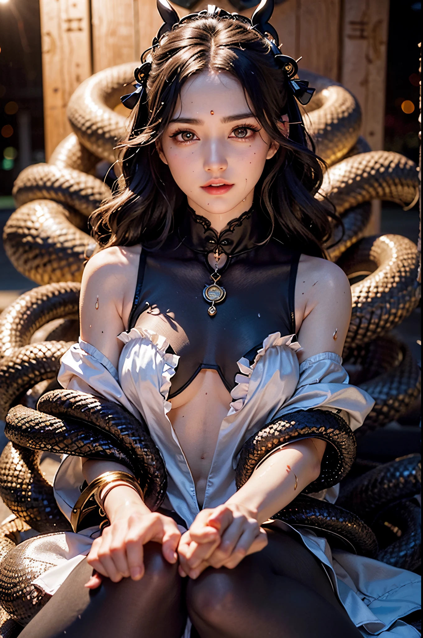 (((masterpiece+best quality+high resolution+ultra-detailed))), boa hancock, long silky black hair, high nose, sharp eyes, noble and inviolable temperament, (([female]: 1.2 + [beauty]: 1.2 + black long hair: 1.2)), snake_skull background, bright eyes, dynamic angle and posture.