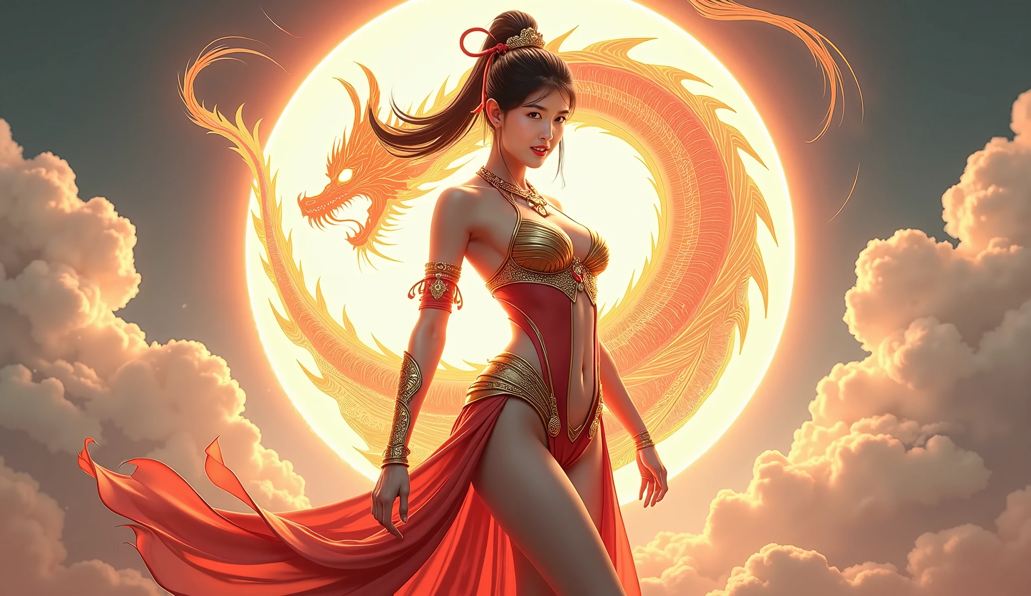 Girl without headdress,The hand structure is correct,There are more mountains in the background,fire dragon,firey,Eau,surround,Lushan,Huashan,Chinese Thang Long,Chinese Dragon,Circling,Skysky,Chinese flying dragon,raiden,