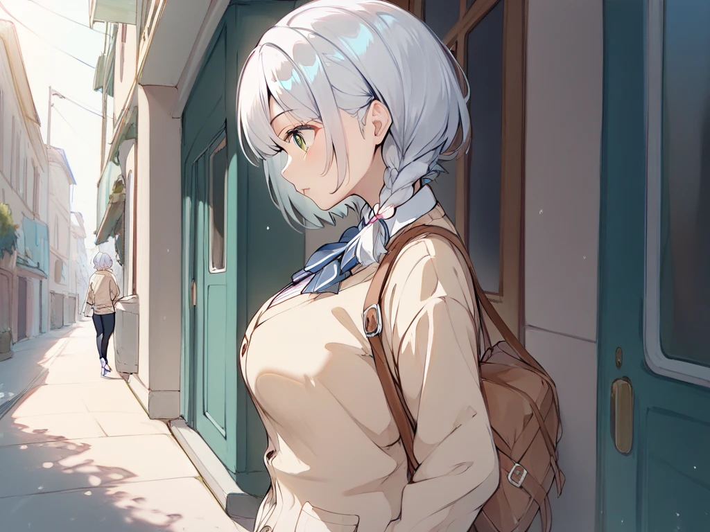 Alone、 short bob girl with silver hair、High school girl wearing a beige cardigan braided on the left side of her hairstyle 、 green eyes、Height: 150cm、 breasts about a C cup 、 walking 、 watching here、from side