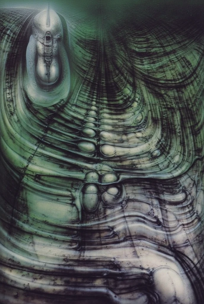 H. R. Giger's g1g3r, , Giger_style, xgiger, The image is a detailed view of H.R. Giger's biomechanical tableau \" LANDSCAPE No 312 \" plate, featuring
a complex, intricate, and detailed design of endless Machine in the transit space under the cascade of fallen water, that appears to be a fusion of organic and mechanical elements, with a focus on central humanoid-like alien astronaut figure insconced in dramatic.The piece is a tableau, most likely created with a India ink pen or pencil on paper, determined by the thin lines, shading techniques, and the texture of the paper, which is visible around the edges.
Used is pen, given the shading and variations in line weight visible in the image. Artist have used a variety of stylus with different degrees of hardness to achieve the shading effects.
 The use of undersaturated green-grays dark contrasts creates a stark and graphic look. Is used a variety of linework techniques to create different textures. Fine, parallel lines create a smooth, metallic texture,while thicker, more cursive lines suggest cables or wires.
Light source from the top highlights skeletals, pper part of foreground, lower part of image is in shadowupper part of foreground, lower part of image is in shadow.
The art performance showcases the artist’s skills in observation and rendering. The level of detail in the piece suggests a close study of real bone specimens and mechanics. The artist has skillfully used shading techniques to create a convincing illusion of three-dimensionality on a flat surface. The wrinkles and cracks in the surface, and the cast shadows with accuracy, used shading techniques to create a realistic depiction of light and shadow on the objects. This creates a sense of depth and dimension in the image.  The artist has used careful linework to depict the contours and textures in the piece, (Triadic:1.1), (Proportion:1.1),  , (Reflected light:1.2), Parchment, , ultra detailed, intricate,, dry b (best quality:1.4), H.R. GIGER,  BY GIGER