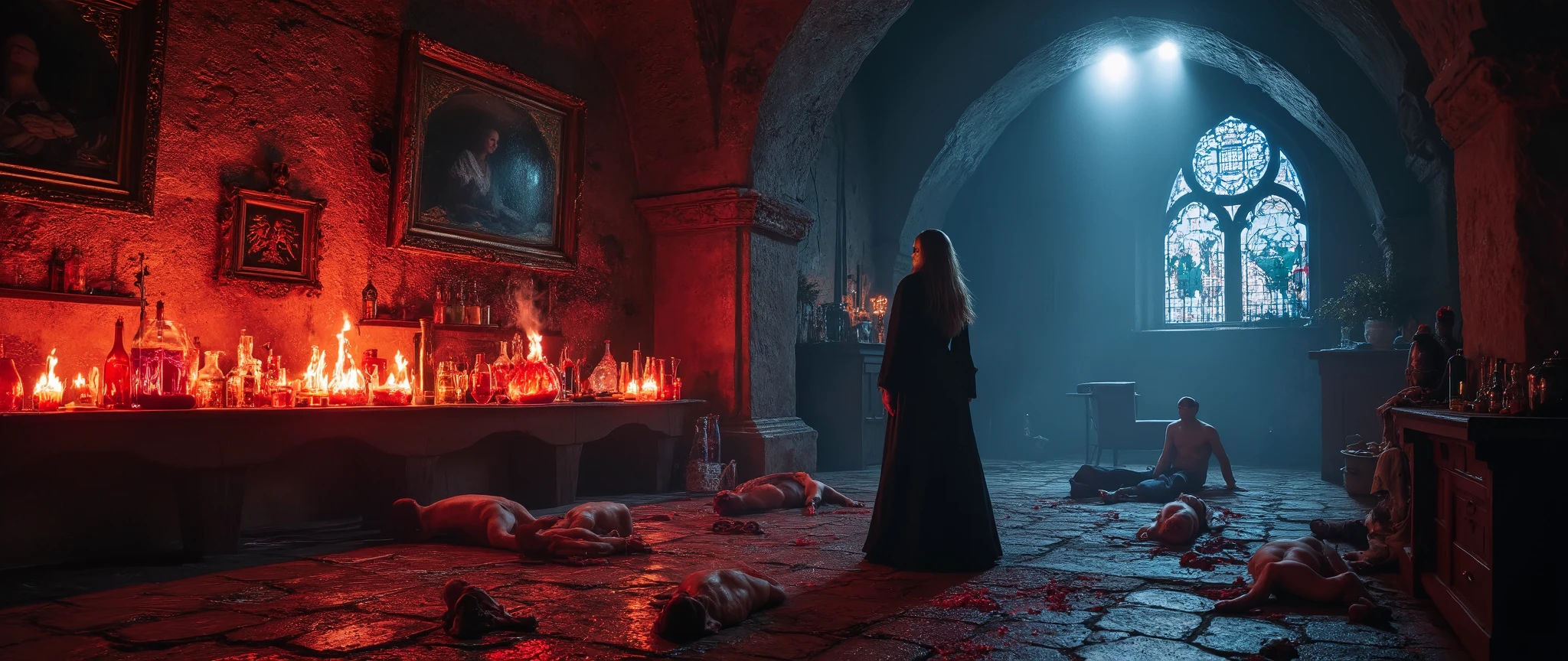 Gothic castle, Italian gothic woman, atmosphere of dread and evil, dungeon laboratory, tests tubes, beakers, spurting blood, very bloody, violent, gory, body parts, nightmare, stone floors, tapestries, candles, intricate, European horror movie aesthetic, fumetto style, HD, 8x, lurid vivid colors, dark tones