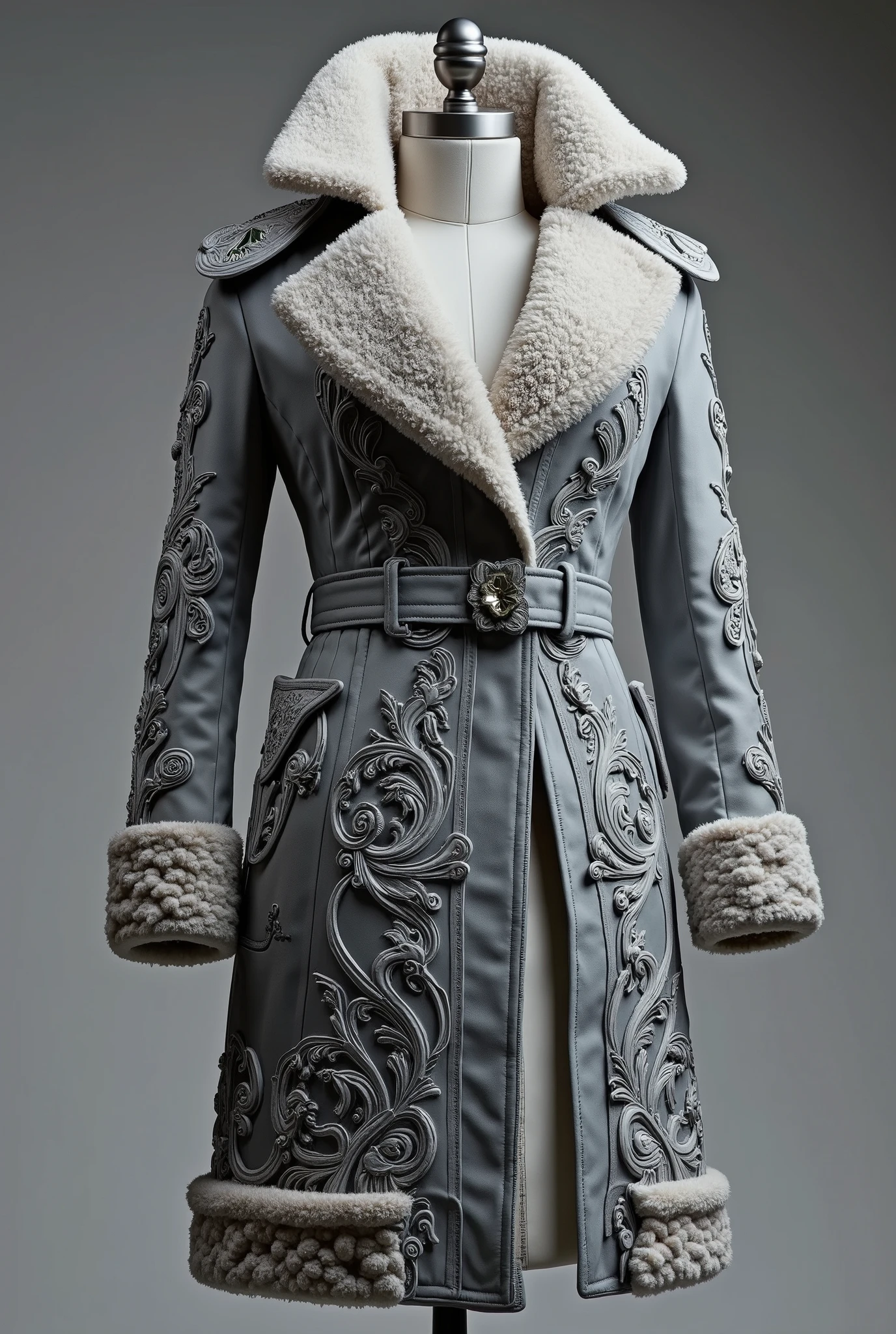 Beautiful Women's coat with warm fur on the Mannequin, beautiful gray color with white shades , 8 k, masterpiece fails, maximum quality , complicated details , best quality ,