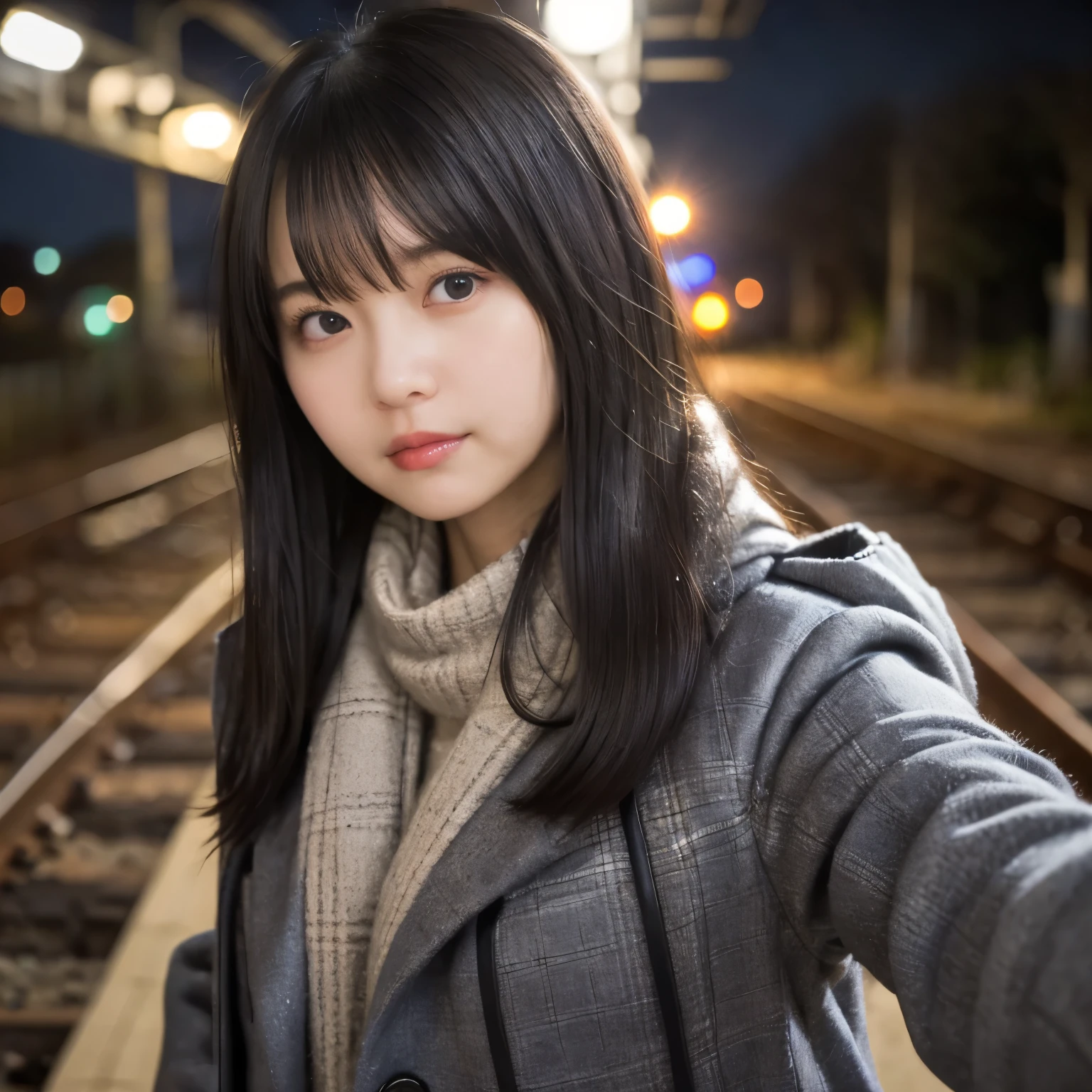 Wintery Coat ,  muffler ,  Warm Casual Jacket ,  Home at Local Station ,  Blurry Railroad Tracks and Trains ,  Face Looking at Camera with Puffed Cheeks , Sulky expression,  Composition Above Shoulder ,  Friendly, Innocent, and Cute,  face close-up ,  selfie,  girl, busty,  black hair,  straight hair,  with bangs, 's greatest masterpiece,  professional lighting, Lighting from the front, reflex version