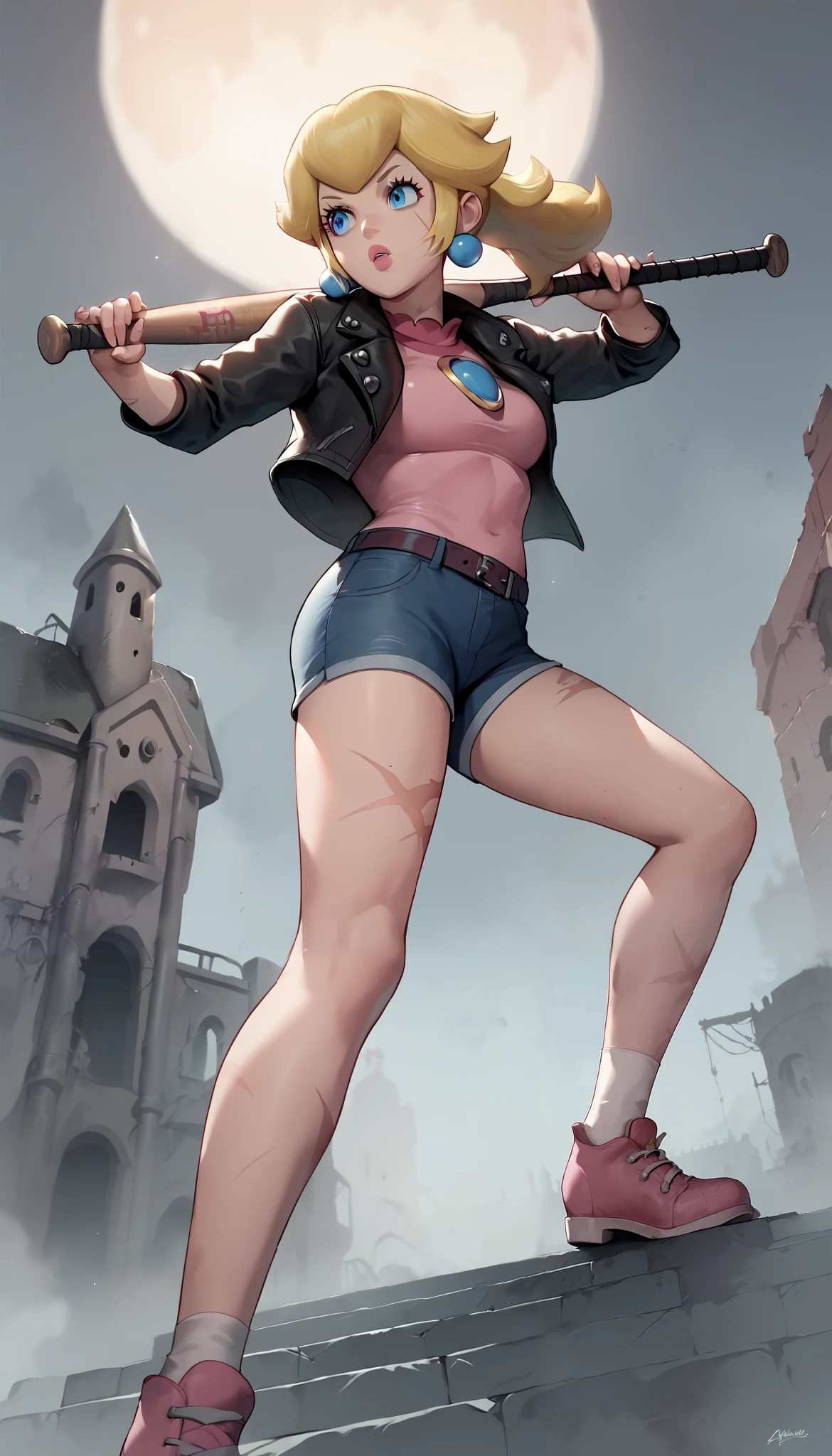Fierce, princess peach, blonde hair, Standing up holding a spiked baseball bat, action pose, wearing a leather jacket, moon rising, Silent Hill, abandoned castle in the fog, Tattoos, Scars, interesting angle, dynamic angle