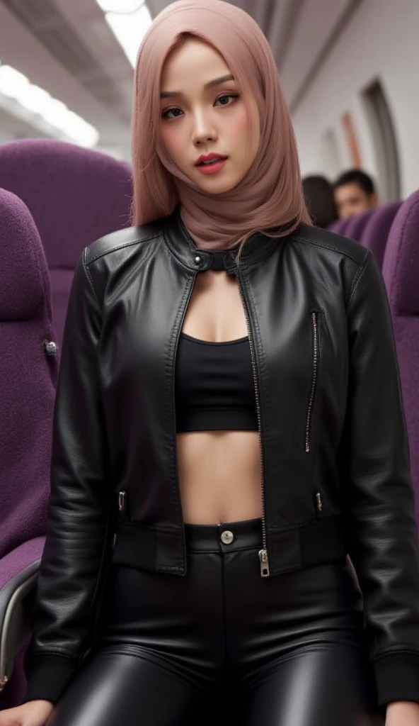 A 25-year-old woman ,  sits on a front-facing seat, open mouth thick dark red lips,  uses a hijab , wearing a black leather jacket, without using a bra , black latex pants ,  does not use shoes,  very detailed image quality , 