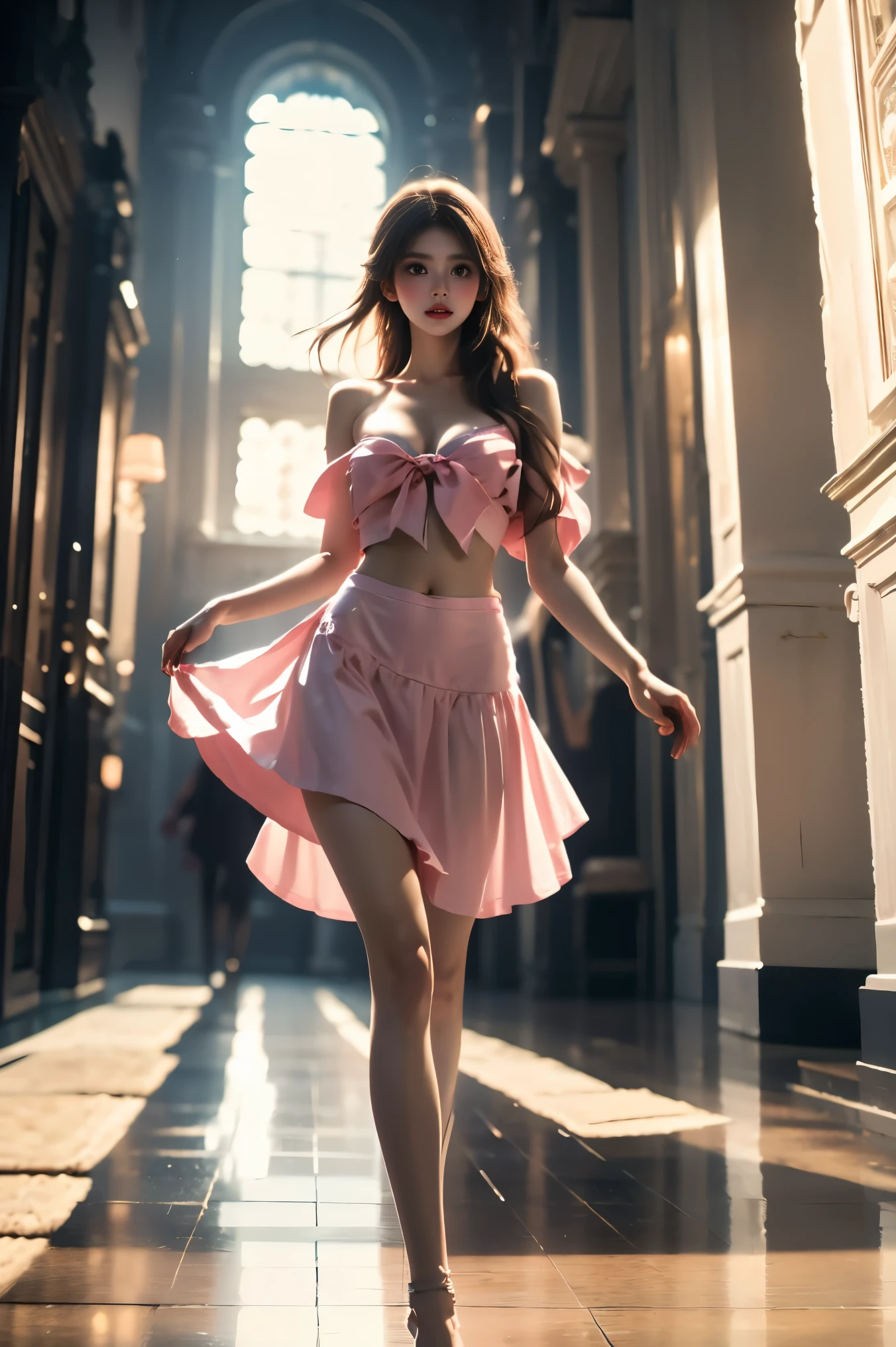 MIS,bow,, (cowboy shot:1.3), (from below:1.2),photorealistic beautiful woman, fashion model with long legs, (standing in hallway:1.2), (Stand on one foot:1.2), (Lean against the wall), portico corridor, single bare shoulder, (elegant contrapposto pose:1.2), graceful stance, slim athletic figure, (high detailed skin:1.2), (Full breasts, visible cleavage, very short hemlines, revealing smooth thighs), soft ambient lighting, cinematic lighting, depth of field, 85mm portrait photography, natural shadows, professional fashion photography, high-end magazine style, high resolution, masterpiece, best quality, intricate details, hyperrealistic