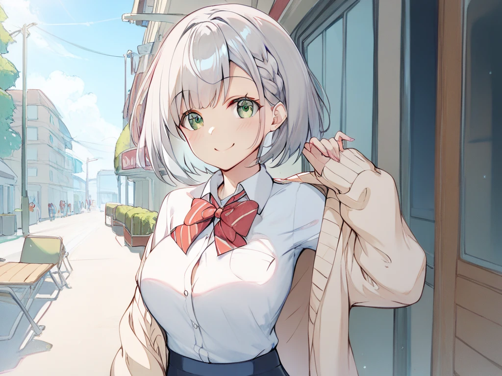 Alone、 short bob girl with silver hair、High school girl wearing a beige cardigan braided on the left side of her hairstyle 、The chest ribbon is red 、 green eyes、Height: 150cm、 breasts about a C cup 、 walking 、smile、