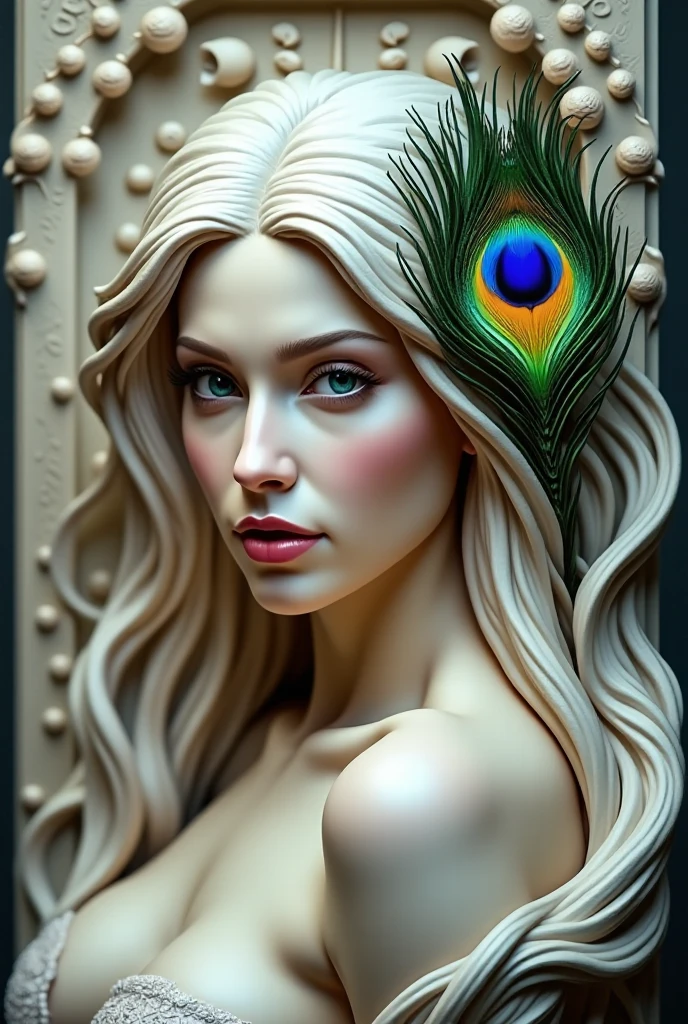 sculpture, panel, 3D, beautiful woman with long hair, peacock feather. high detail, sharp focus, fantasy style, Greg Rutkowski