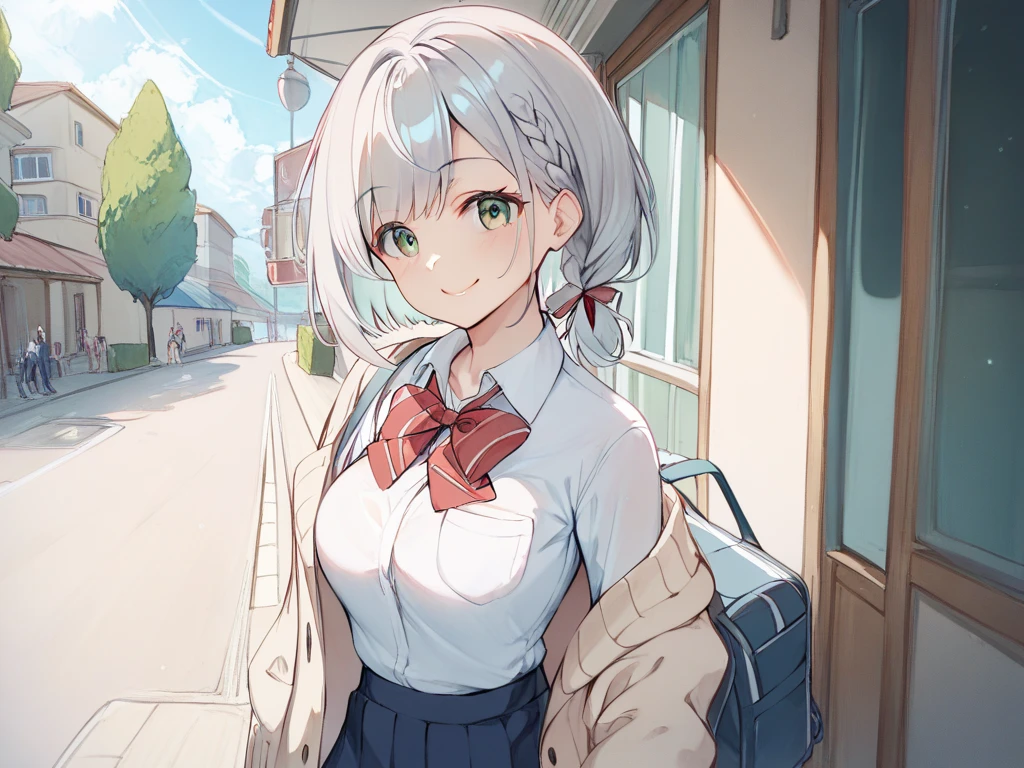 Alone、 short bob girl with silver hair、High school girl wearing a beige cardigan braided on the left side of her hairstyle 、The chest ribbon is red 、 green eyes、Height: 150cm、 breasts about a C cup 、Walking to the left、smile、