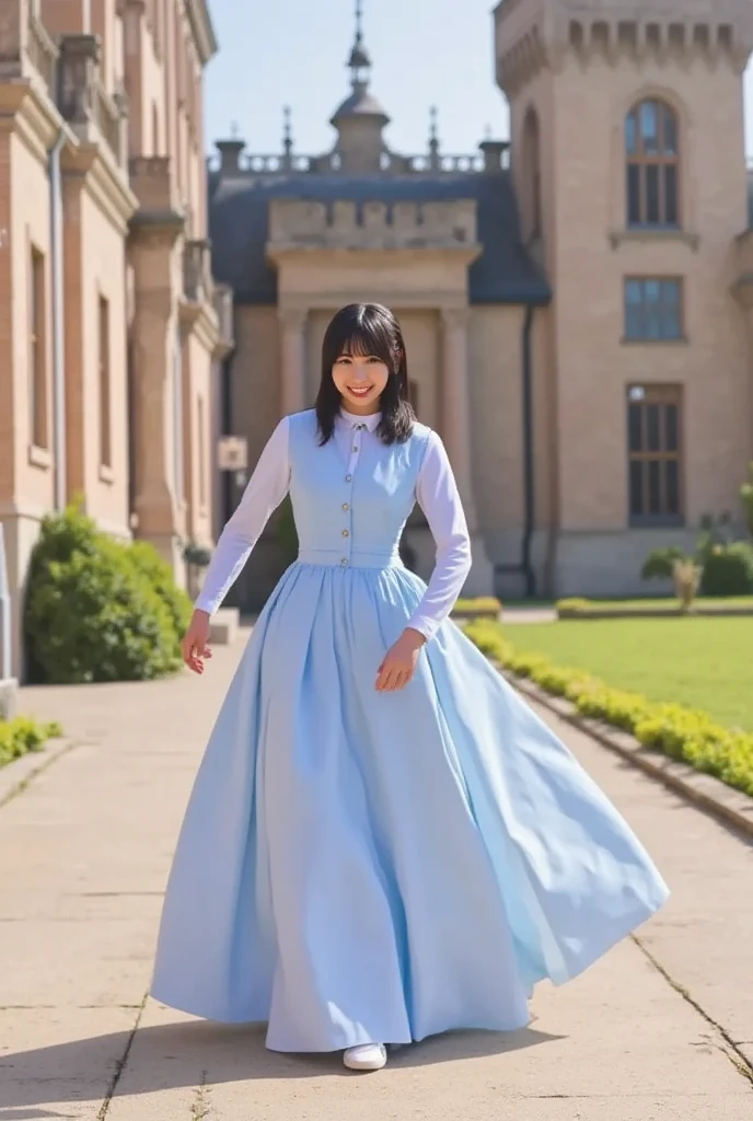 Photo realistic, live action style, sunny castle, light blue wedding dress with big breasts {Japanese woman, 25 years old, sloppy laugh,} doing exercises to turn her body at the castle, the image quality is beautiful, stands on end,