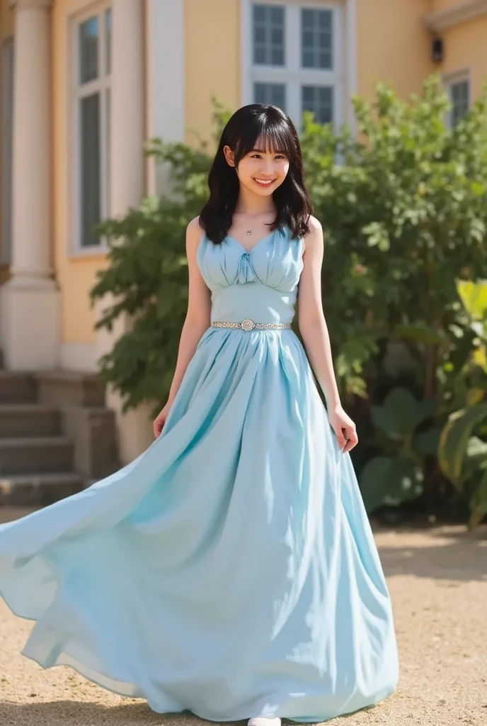 Photo realistic, live action style, sunny castle, light blue wedding dress with big breasts {Japanese woman, 25 years old, sloppy laugh,} doing exercises to turn her body at the castle, the image quality is beautiful, stands on end,