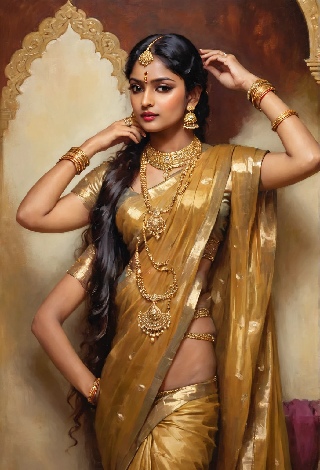 Topless woman in a gold sari posing for a picture, (nude detailed breasts:1.4), wearing gold jewellery, showing her naked bosom, indian super model, traditional beauty, Erotic girl with dark complexion, draped in silky gold, indian goddess, wearing elegant jewellery, elegant seducing pose, stunning elegant pose, armpit, elegant seductive pose, inspired by Raja Ravi Varma, heavy gold jewellery, very attractive and beautiful