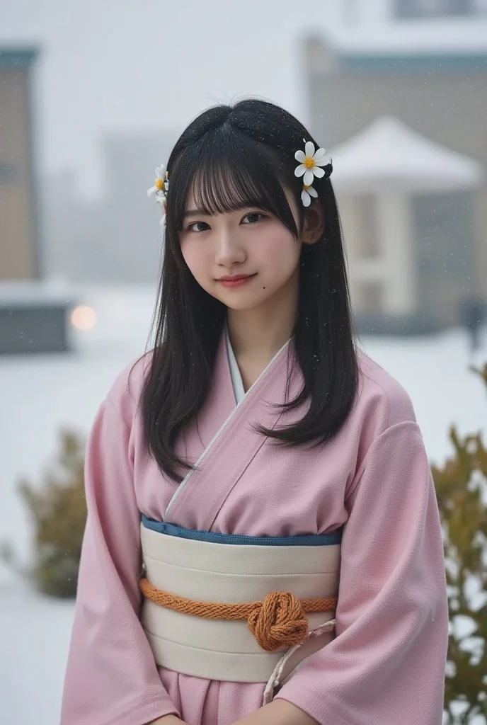  realistic,  Portrait of a young Japanese woman in a traditional kimono on her upper body,  Standing outdoors in gentle snowfall . Her long black hair is adorned with flowers 、 smiling gently ,  I'm looking directly at the viewer .  I can clearly see her belt and sash , Complete the tranquil scene.