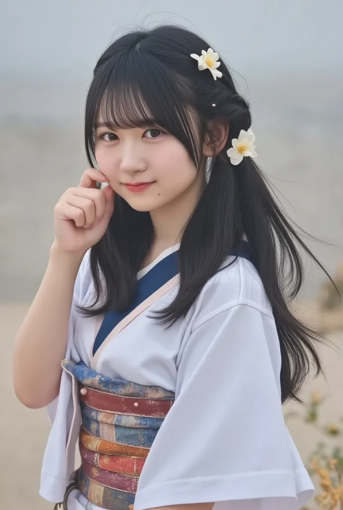  realistic,  Portrait of a young Japanese woman in a traditional kimono on her upper body,  Standing outdoors in gentle snowfall . Her long black hair is adorned with flowers 、 smiling gently ,  I'm looking directly at the viewer .  I can clearly see her belt and sash , Complete the tranquil scene.