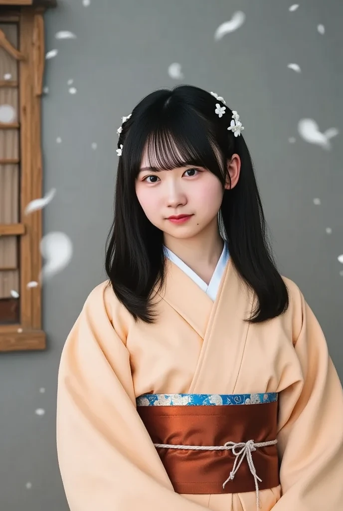  realistic,  Portrait of a young Japanese woman in a traditional kimono on her upper body,  Standing outdoors in gentle snowfall . Her long black hair is adorned with flowers 、 smiling gently ,  I'm looking directly at the viewer .  I can clearly see her belt and sash , Complete the tranquil scene.