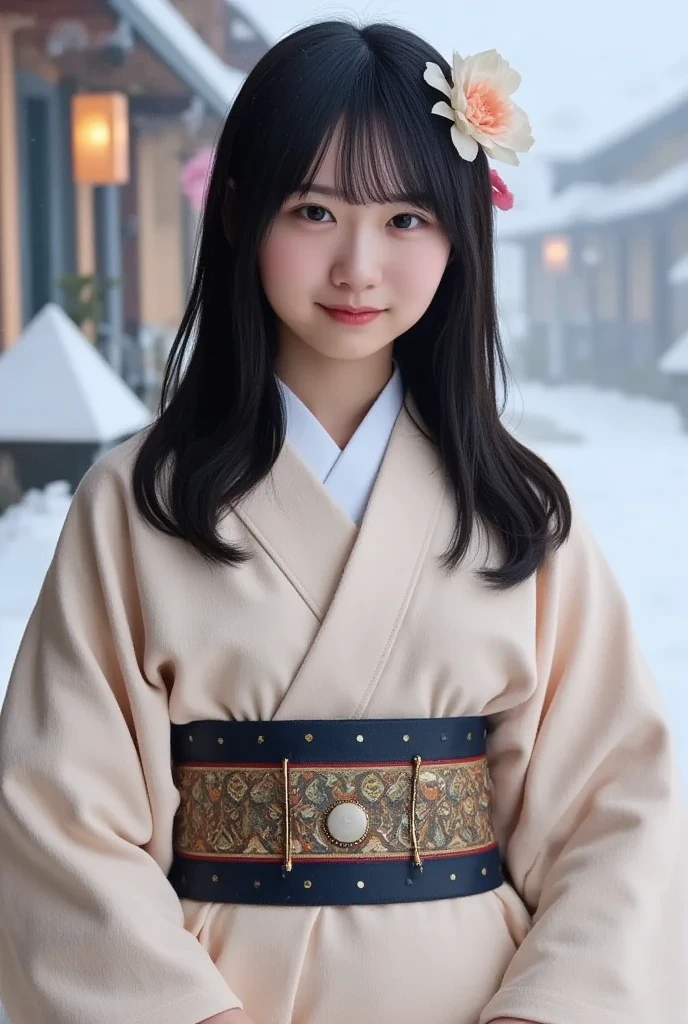  realistic,  Portrait of a young Japanese woman in a traditional kimono on her upper body,  Standing outdoors in gentle snowfall . Her long black hair is adorned with flowers 、 smiling gently ,  I'm looking directly at the viewer .  I can clearly see her belt and sash , Complete the tranquil scene.