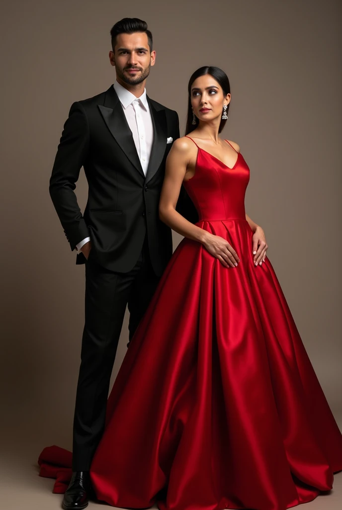 (A single correct face, not clearly divided, but harmoniously). A figure is split imperceptibly in the center, with one half representing a woman and the other a man. The face is a plausible and well-balanced mix of masculine and feminine features., perfectly harmonizing the two aspects in a unified and intriguingly ambiguous expression. The female half is elegantly dressed in a flowing red evening dress, with delicate lace details along the neckline and sleeves. Her hair is styled in soft curls, and wears a single earring that shines in the light. The male half is dressed in an elegant red tuxedo, shirtless bare chested. The tuxedo blends harmoniously with the dress of the female part, creating a harmonious fusion of the two styles. Her hair is neatly combed and she wears a shiny black shoe.. Even the hair on both sides blends harmoniously together.  The figure embodies gender duality in one person, seamlessly blending both genres in perfect harmony. The figure is found in the middle of a crowded bar. The bar is lively, with people chatting and glasses clinking, while soft lighting casts warm tones on the scene. The angle is from below giving a sense of depth to the photo. it&#39;s absolutely a photo, very realistic.