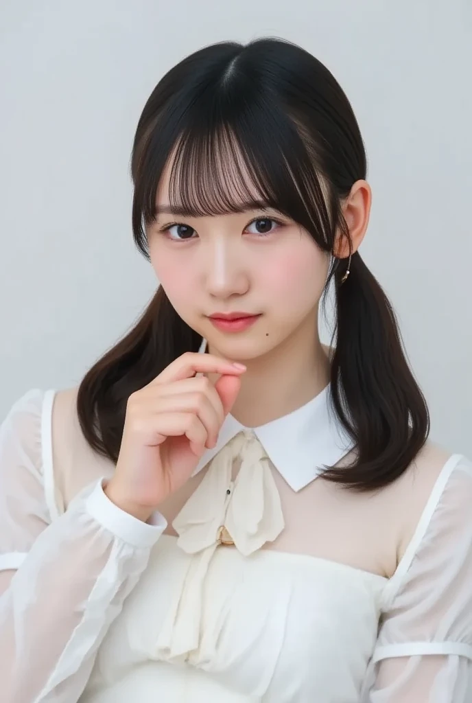  1 girl,  brown hair,   jewelry, Alone,  blue eyes, , earrings,  twin tails,  white background,  simple background, ring,  shirt,  looking ,  sleeve that goes past the wrist, bangs,  upper body,   long sleeve  , collared  shirt, gift, white  shirt,  long hair,  putting her hand on her face 