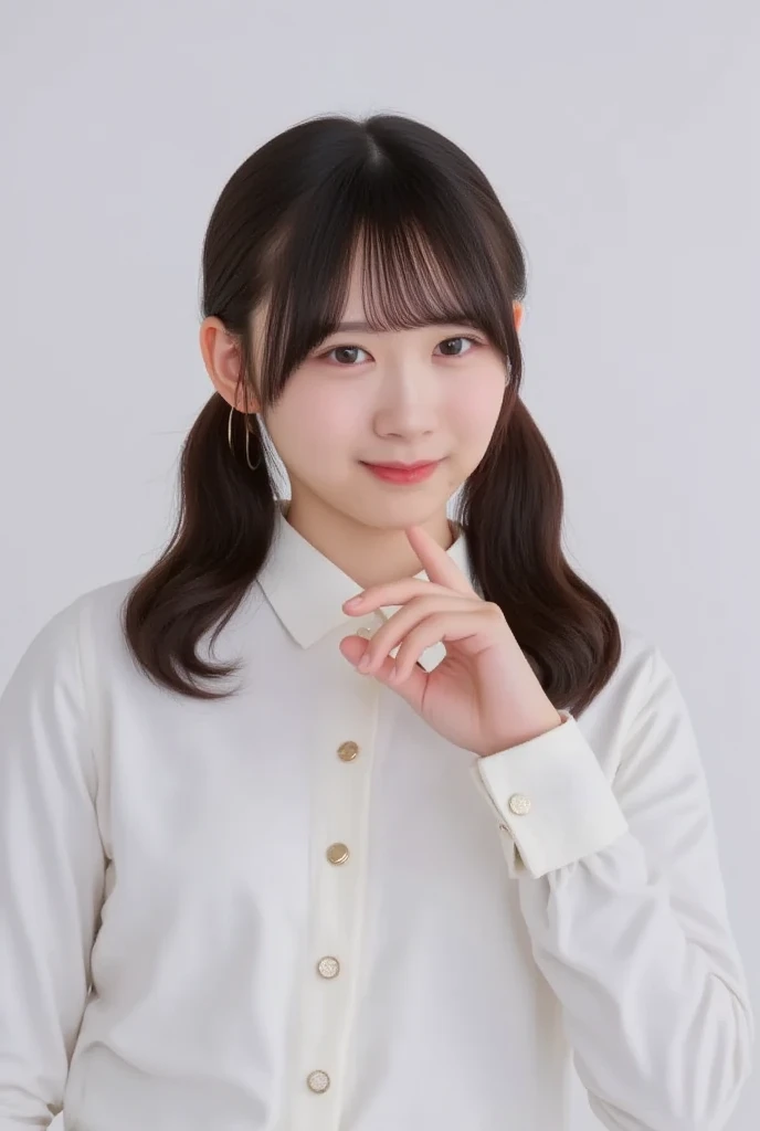  1 girl,  brown hair,   jewelry, Alone,  blue eyes, , earrings,  twin tails,  white background,  simple background, ring,  shirt,  looking ,  sleeve that goes past the wrist, bangs,  upper body,   long sleeve  , collared  shirt, gift, white  shirt,  long hair,  putting her hand on her face 