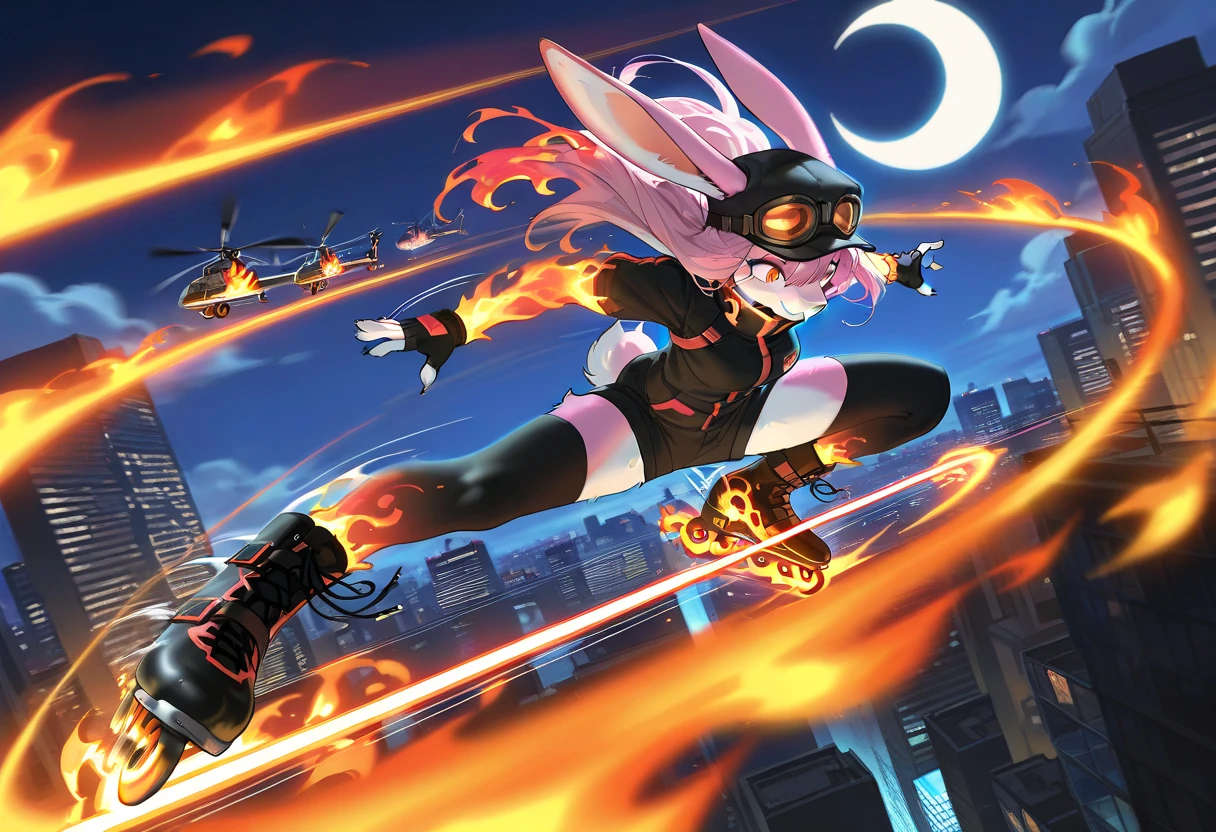 1girl, (furry, kemono:1.4), rabbit girl, animal nose, rabbit ears, rabbit tail, long hair, pink hair, fingerless gloves, thighhighs, gloves, goggles, hat, boots, skates, inline skates, roller skates, fly in the air, long jump, crescent moon, aircraft, city, cityscape, helicopter, skyscraper, solo, building, moon, night, sky, night sky, cloud, (Wind effect, flame effect, concentration line, afterimage effect, bold movements. motion blur, motion line, motion outline:1.3), open moutf, smile, full body, close up, dynamic angle, dynamic action,