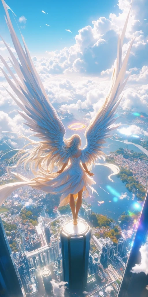 From an overhead angle of the very beautiful female angel with long platinum hair and wide-backed white dress from back, big beautiful angel wing from her chest,very beautiful shiny halo at head, spreading arms wide, gently seeking eyes, at above the clouds looking down on the world below . a fierce war with so many fires and many buildings collapsing at human world below the clouds, a magnificent spectacular scenery, detailed, masterpiece,best qualtiy,cinematic,ray trace,golden ratio,dynamic angle,from above,anime style,realistic