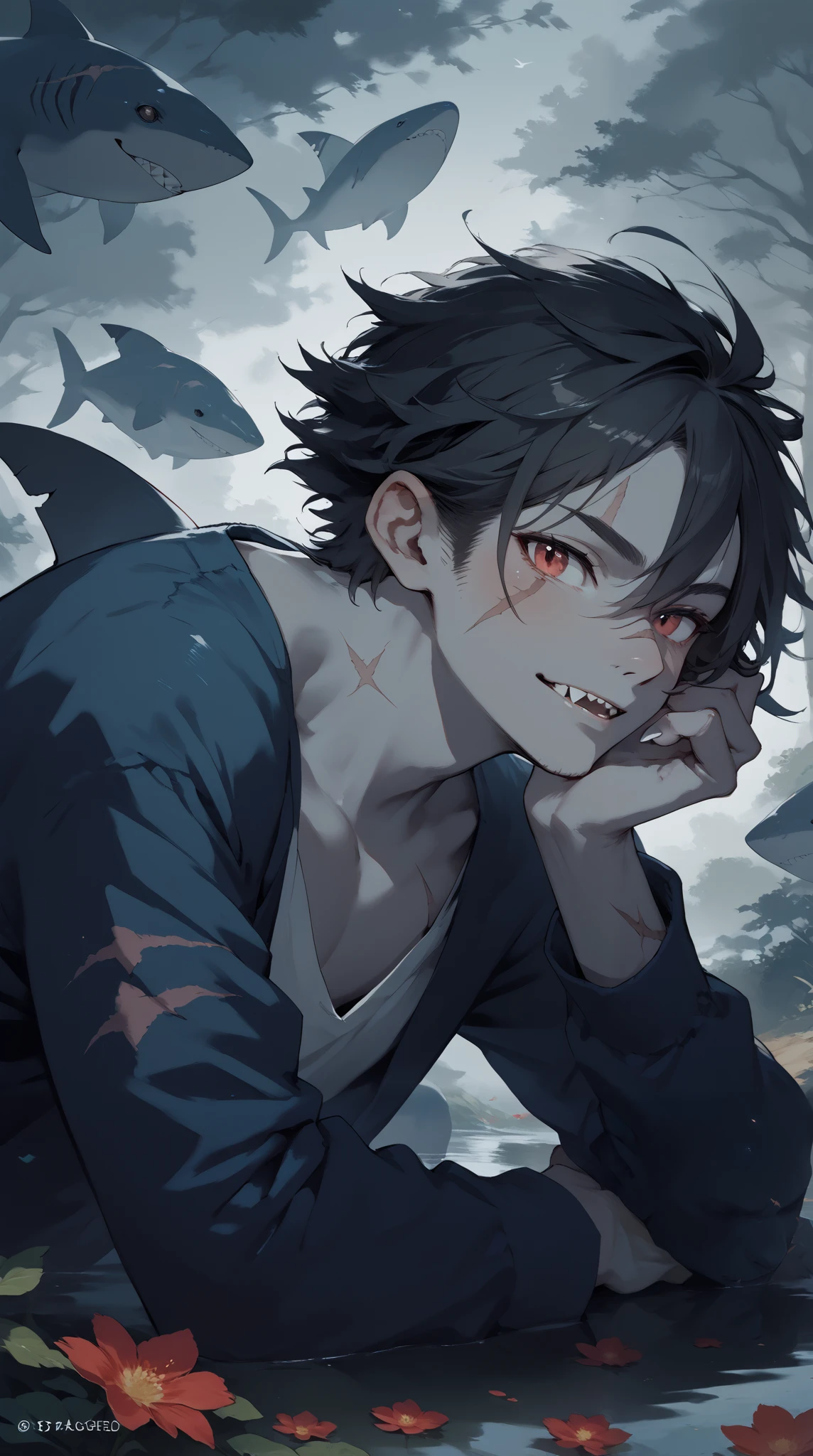 Japanese Anime,source_ furry , masterpiece, best quality, perfect anatomy , very beautiful , ultra-high resolution for detailed faces , rest , unique , 1 handsome boy, jagged fangs , has a scar on its face , scarred body, ( grey skin:1.1), Shark skin, ( dynamic posture),Short hair