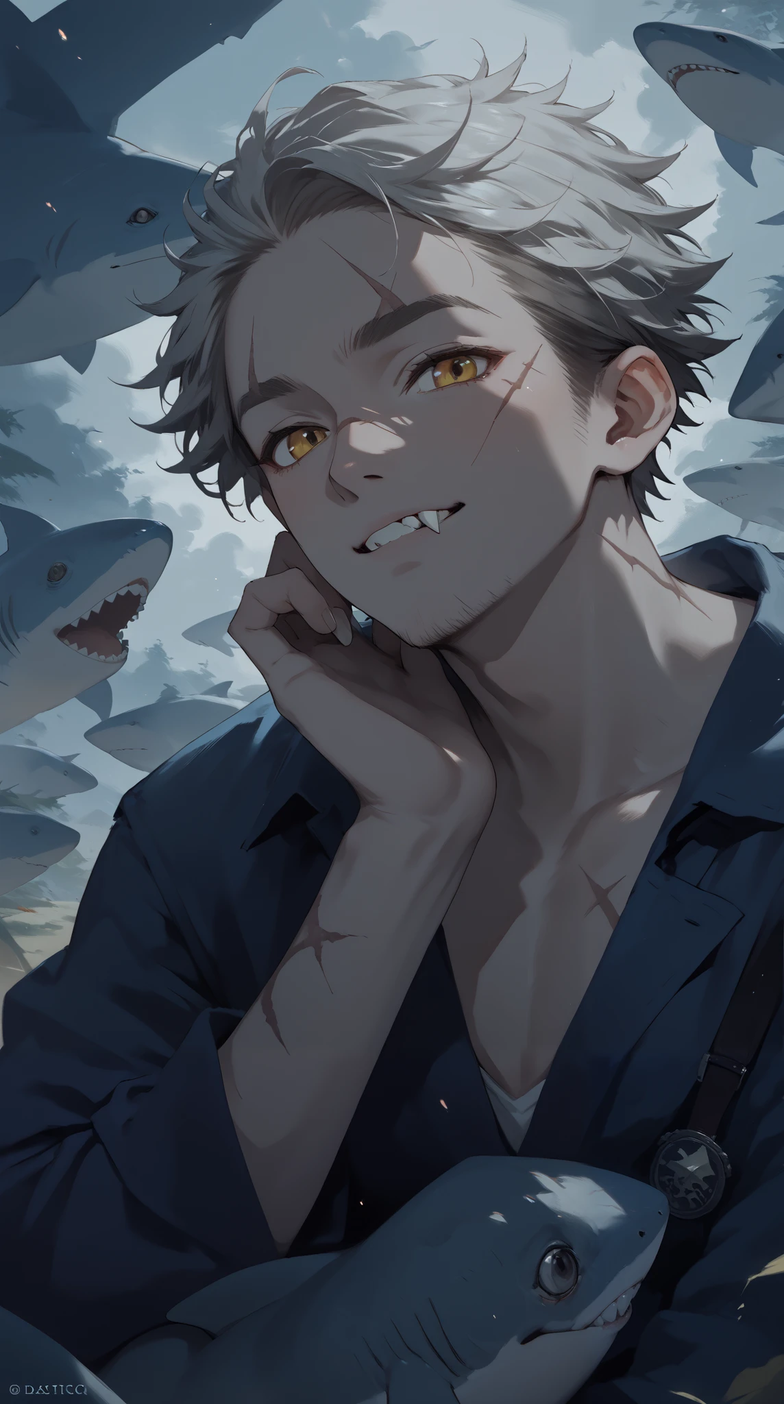 Japanese Anime,source_ furry , masterpiece, best quality, perfect anatomy , very beautiful , ultra-high resolution for detailed faces , rest , unique , 1 handsome boy, jagged fangs , has a scar on its face , scarred body, ( grey skin:1.1), Shark skin, ( dynamic posture),Short hair