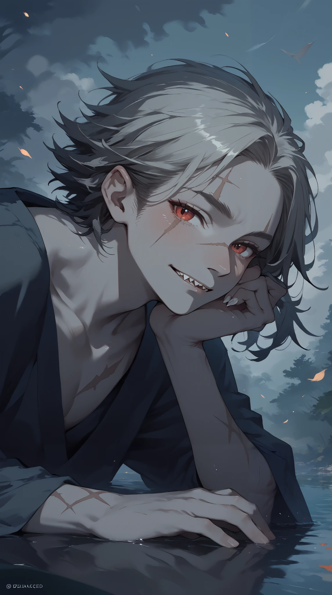 Japanese Anime,source_ furry , masterpiece, best quality, perfect anatomy , very beautiful , ultra-high resolution for detailed faces , rest , unique , 1 handsome boy, jagged fangs , has a scar on its face , scarred body, ( grey skin:1.1), Shark skin, ( dynamic posture),Short hair