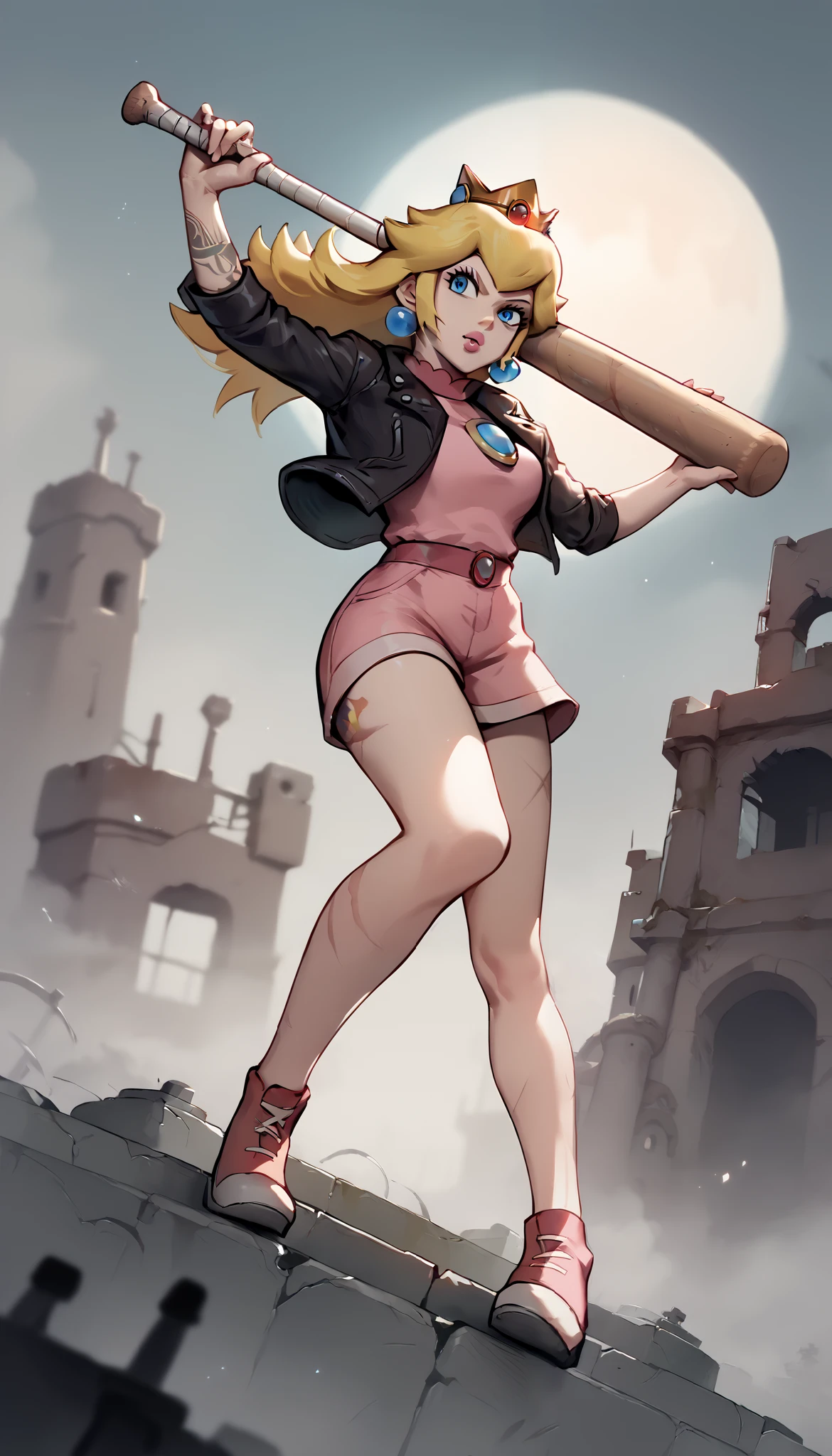 
handfixer, Fierce, princess peach, long blonde hair, Standing up holding a spiked baseball bat in one hand, action pose, wearing a leather jacket, moon rising, Silent Hill, abandoned castle in the fog, Tattoos, Scars, interesting angle, dynamic angle