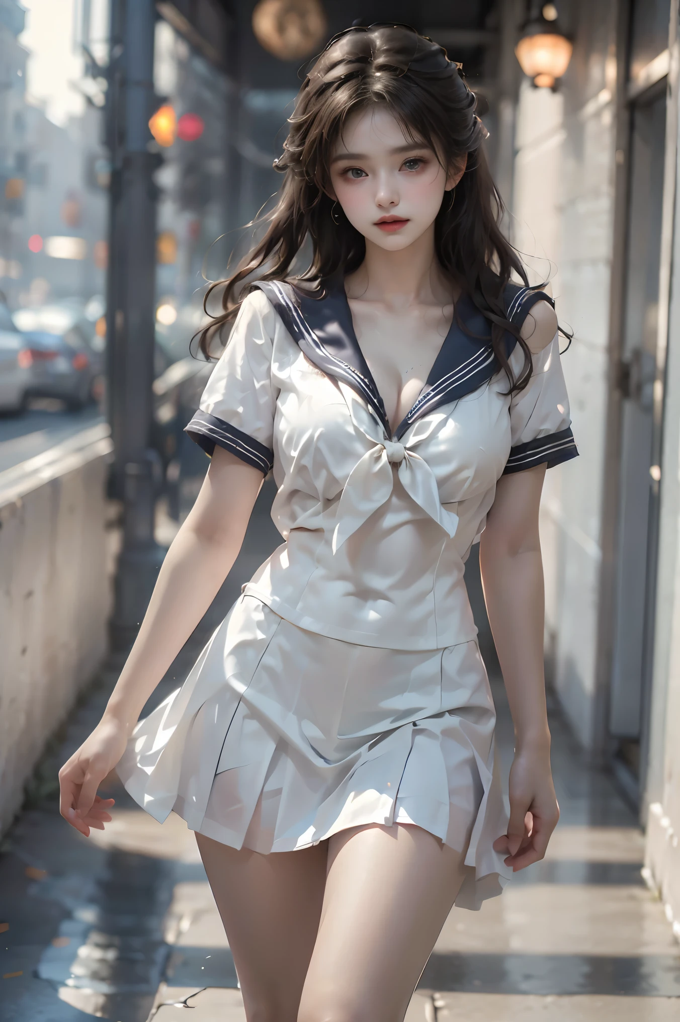 top-quality、​masterpiece、超A high resolution、(Photorealsitic:1.4)、Raw photo、Detailed CG image quality、cyberpunked、Beautiful fece、(1 Magical Girl)、sixteen years old, (Twin-tailed black hair:1.4), (White ribbon stopping hair), (Platinum Silver Accessories:1.4)、(White School Uniform:1.4)、(big breasts thin waist)、(Purple eyes:1.3), (radiant eyes), (Mystical powers:1.2), (Holding a white wizard wand:1.4), (A pale and fierce ball of light emanating from the wand:1.4). detailed portrait、8K picture quality、bright colour、concept-art、Cinematic and dramatic atmosphere、foco nítido、Volumetric lighting、Cinematographic lighting、Wearing studio quality、(Neon lighting)、depth of fields、Ambient lighting、Blurred foreground、blurry backround:1.3, (rainy evening:1.4), (Severe lightning strike:1.4),