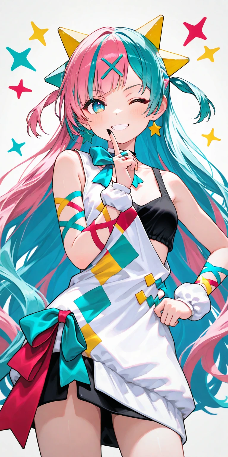 1girl\((Pinky Pop Hepburn\(vtuber\)), dynamic pose,smile,cute,wink,cute hand sign, white short asymmetry dress, (black finger cover),blue ribbon tie,sleeveless\),minimalist,vivid color, pop art,masterpiece, best quality,3d model