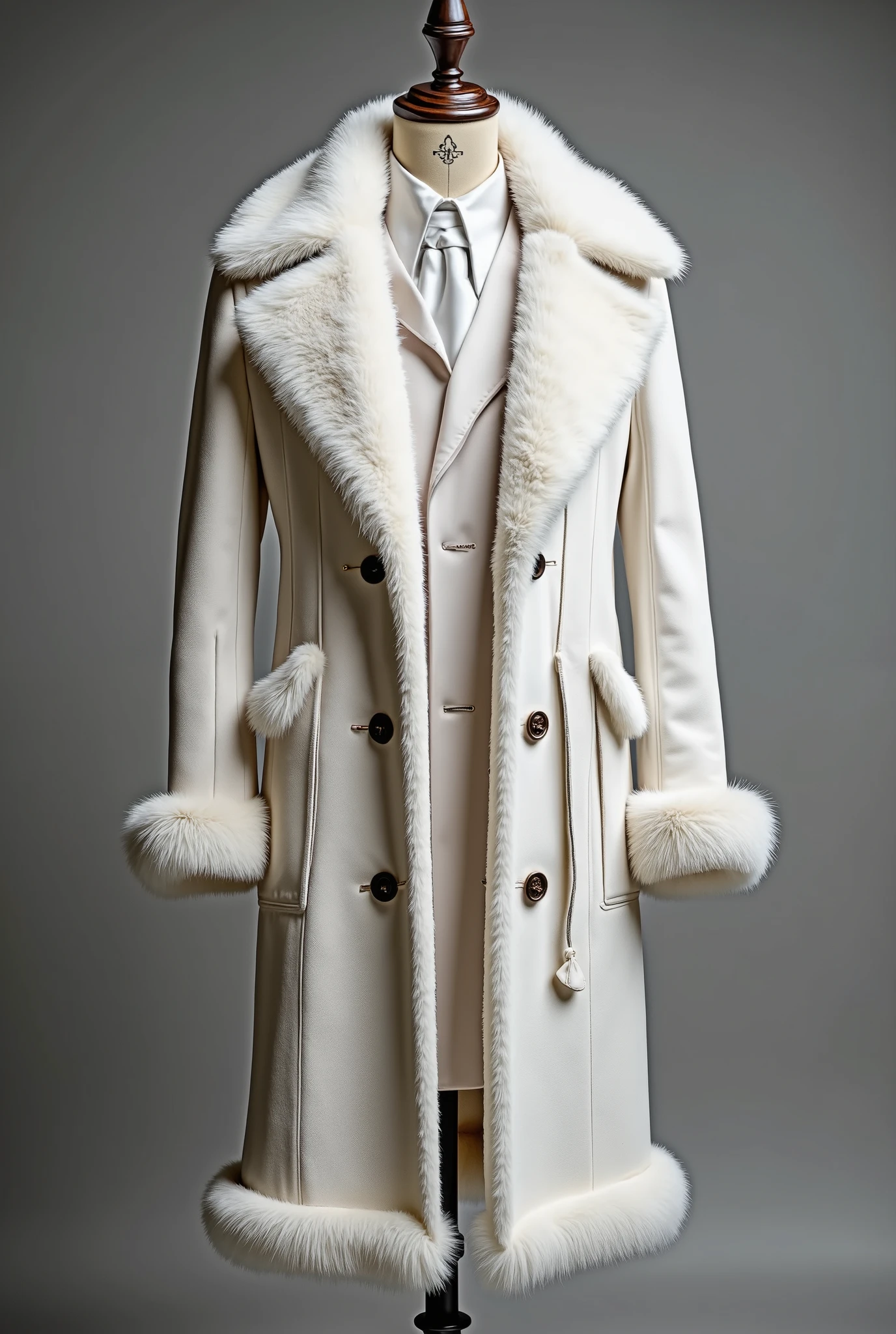  Beautiful Men's coat with warm fur on the Mannequin, beautiful white shade , 8 k,  masterpiece fails,  maximum quality ,  complicated details ,  best quality ,