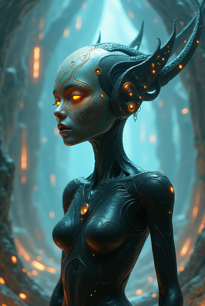 a highly detailed, hyper-realistic portrait of an alien, alien, (alien humanoid:1.4) , alien humanoid female, alien humanoid girl, alien humanoid woman, alien race, alien species, alien creature, alien anatomy, alien biology,( alien technology:1.4) , alien landscape, alien city, alien architecture, alien environment, cinematic lighting, dramatic lighting, chiaroscuro lighting, moody lighting, dramatic atmosphere, dark and moody, photorealistic, hyperrealistic, 8k, 4k, high resolution, masterpiece, award winning, stunning, epic, intricate details, hyper-detailed, ultra-detailed, extremely detailed, sharp focus, physically based rendering, volumetric lighting, vibrant colors, cinematic color grading, Romulus, high quality, (RAW photo, best quality), (realistic, photorealistic: 1.4), (extremely delicate and beautiful: 1.4), amazing, fine details, masterpiece, ultra detailed, high resolution, best illustration, best shadow, intricate, ( extremely intricate: 1.2), (exquisitely detailed skin), cinematic light, perfect anatomy, (cool color: 1.4), sharp focus, 8k UHD, DSLR, (Fujifilm XT3),Mechanical vertebrae attached to the back, mechanical cervical attachment to the neck, alambres y cables que se conectan a la cabeza, Evangelion, small bright LED lamps,( pose americano :1.4), ,(Fondo de ruinas de mazmorra en ruinas Tokio cyberpunk :1.4 ), (colored glass BodySuit transparent violet :1.4)