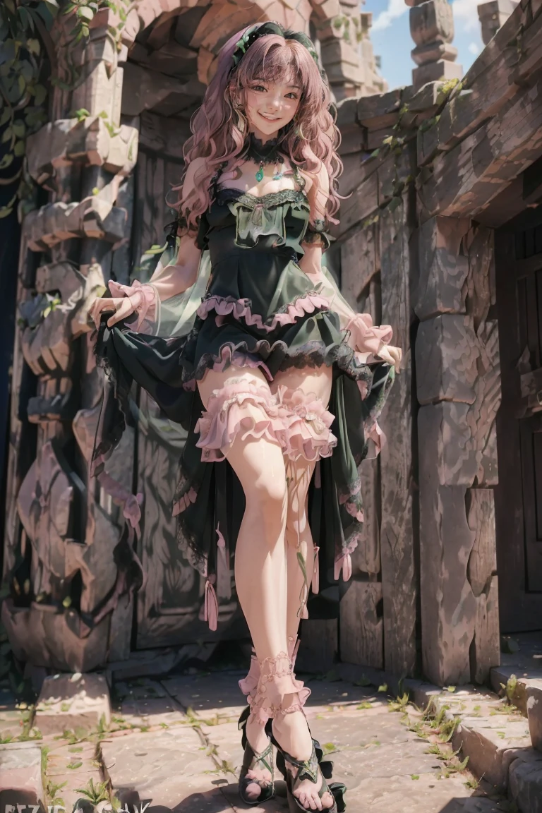 masterpiece, Highly detailed, realistic, Cinematic Lighting, Daylight, beautiful face, beautiful eyes,
 1girl, solo, (**-*****-***-magical_girl), (short-pink-wavy-hair and green-eyes:1.5),
 (wearing black-See-through ruffle-and-lace Idol Costumes:1.5) ,(Roman sandals),
 (has a magic stick), (tube top), (Necklace), (Jewelry), (small breasts),
 (pretty face),(Dynamic Angle), (Dynamic Pose),
,(full body:1.5), (((tiny breasts:1.5, (slender legs), (Slender thighs)))), 
(pretty face),(smile),