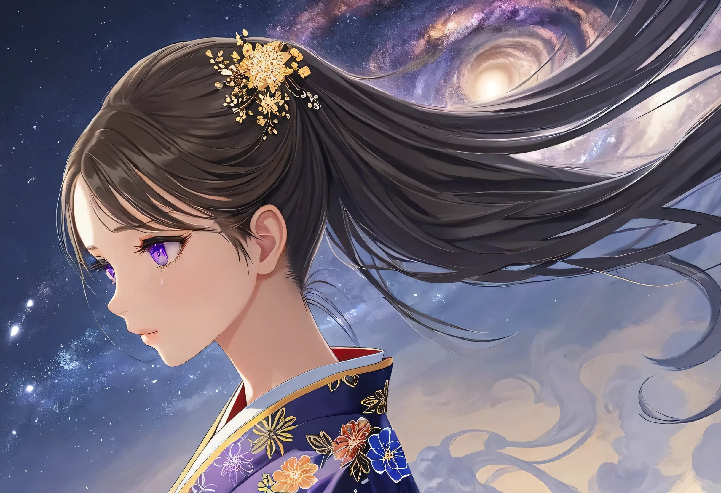 fresh illustration ,
Superfine painting,
top quality,
very delicate illustration ,
Very fine details ,
beautiful attractive anime style ,
Fascinating anime style ,
more details,
beautiful and sophisticated illustration of one girl ,
full body view,
Height: 158cm,
Fair skin,
right eye blue left eye purple perfect heterochromia ,
large black pupils ,
beautiful eyes,
Shiny super long hair ,
The roots of the hair are blue and the others are gray ,
hair has gradations
The forehead is sticking out,
pretty and cute face ,
Cheeks are ruddy,
A small, shiny halo is floating on the back of the head,
Lowering the eyebrows,
since age 27,
The upper half of the body is in a traditional Japanese kimono,
lower body Nadres ,
The color of the belt is black ,
The design is tastefully embroidered with gold thread,
fine fabric clothing ,
Shoulder-width narrower shoulders,
mega breasts,
Isometric,
Golden Ratio,
god々 like atmosphere,
I'm wearing padded collar innerwear,
outer space ,
There are multiple galaxies ,
Little Star々 upper body ,
tactical use of shadows ,
The circle of hair and head does not show the angle of view,
Clothes don't show the angle of view ,
Standing,
Long Shot,