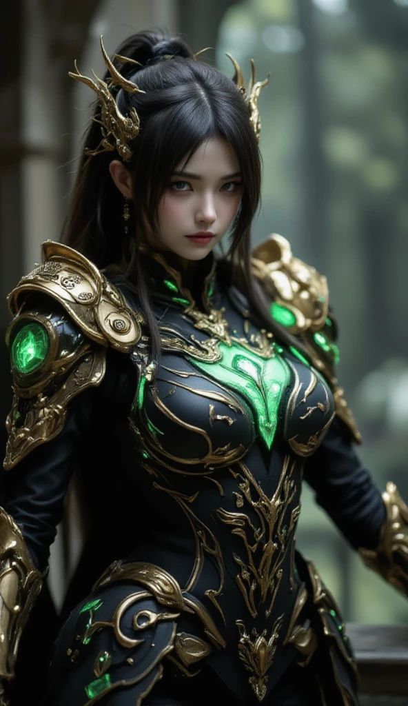 This image shows a cute girl wearing black and gold armor. The armor design is very intricate, featuring green glowing elements. The character's pose is very elegant, with the left hand raised and the right hand hanging naturally. The details of the armor are very rich, including the decorations on the shoulders and the complex patterns on the chest. The overall look gives a sense of power and mystery.