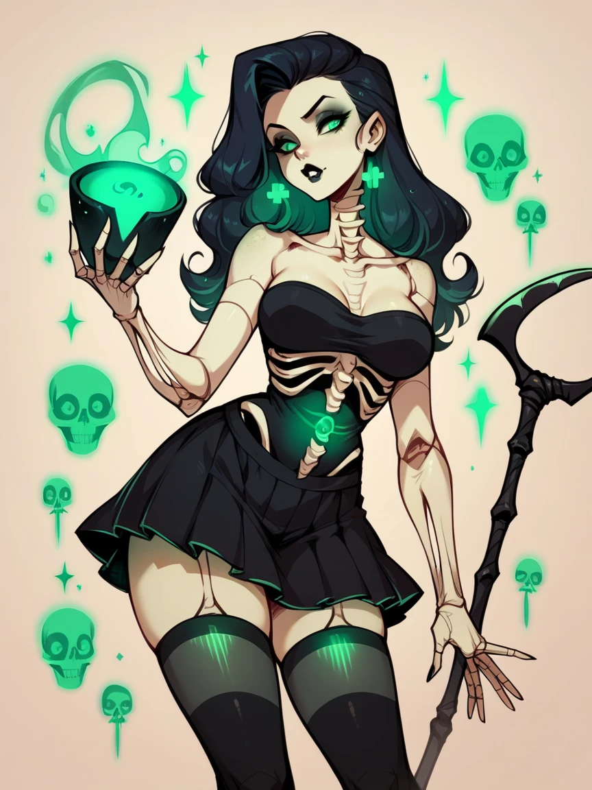 score_9, score_8_up, score_7_up, score_6_up, score_5_up,  sp00kyb4b3s, 1girl, solo, thighhighs, skeleton, black lips, Sin Scythe with black-blue black glowing-green glowing-purple color palette