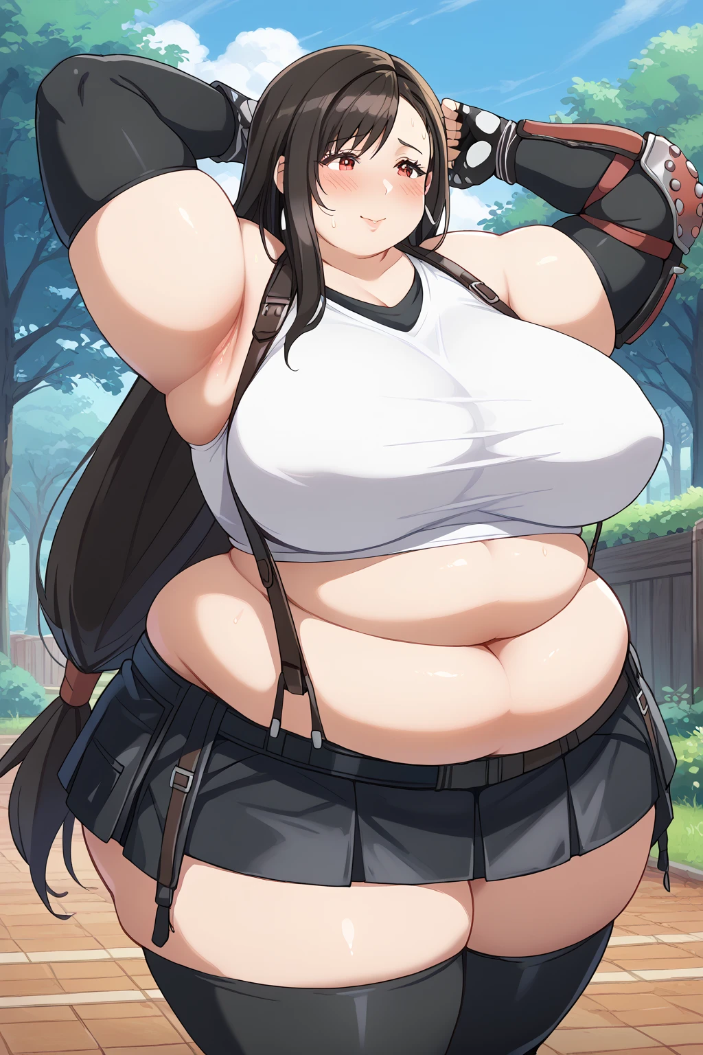 Tifa lockhart,  red eyes,  long hair、Black Hair、 earrings、Sports plastic、 black suspenders、 pleated mini skirt , black thighhighs,  arm guard 、Elbow gloves、 fingerless gloves,Obese middle-aged woman,Severe obesity, Fat face,ssbbw,weight 250kg, troubled expression,embarrassed,A woman with stinky body odor,A woman with smelly armpits ,Showing off armpits,Outdoors, in the woods, score_9,  score_8_ up、 score_7_ up、 score_6_ up、 score_5_ up、 score_4_ up、 Masterpiece、 top quality, A beautiful woman with an obese figure,  absurd、 source_Anime ,Anime screencap,  one woman、Alone、 personal  、Super huge breasts,  super huge clevis、Super huge, Super huge boob,Curvy、 Wide Hips 、 Cowboy Shots