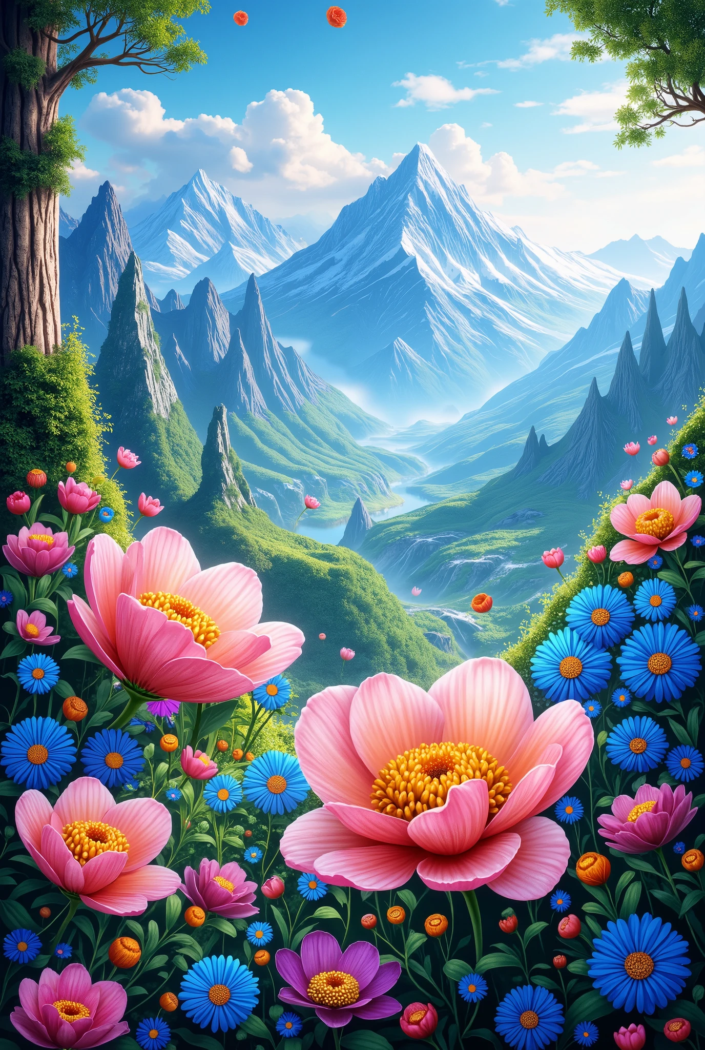 Beautiful Flowers with Hearts and Bright Colors with mountain views, masterpiece fails, wallpaper, 8 k, fantasy style,