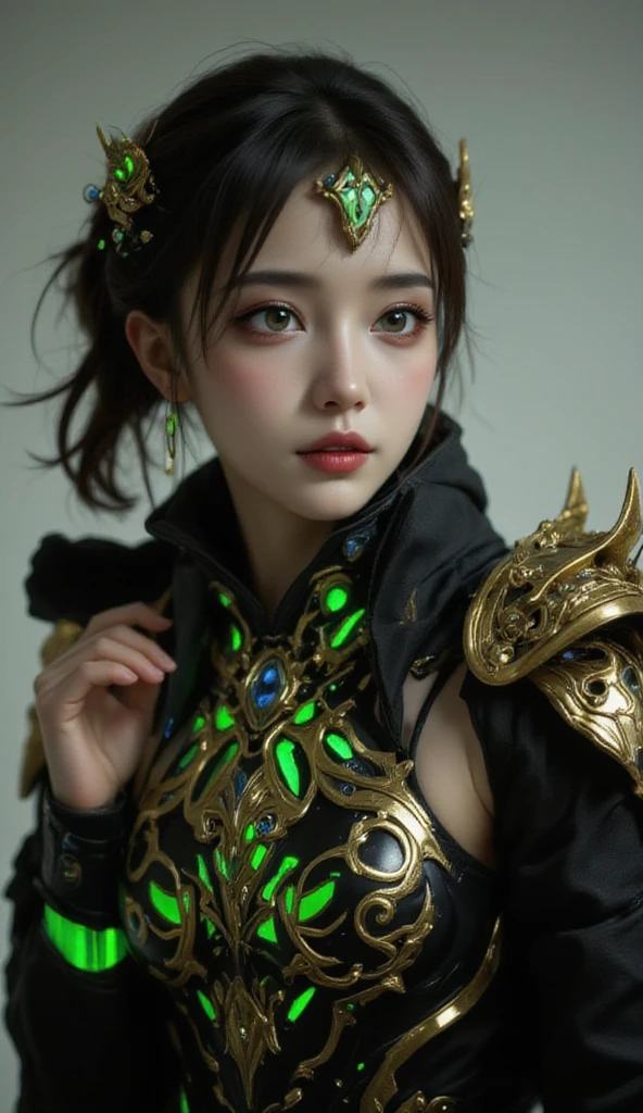 This image shows a cute loli girl wearing black and gold armor. The armor design is very intricate, featuring green glowing elements. The character's pose is very elegant, with the left hand raised and the right hand hanging naturally. The details of the armor are very rich, including the decorations on the shoulders and the complex patterns on the chest. The overall look gives a sense of power and mystery.