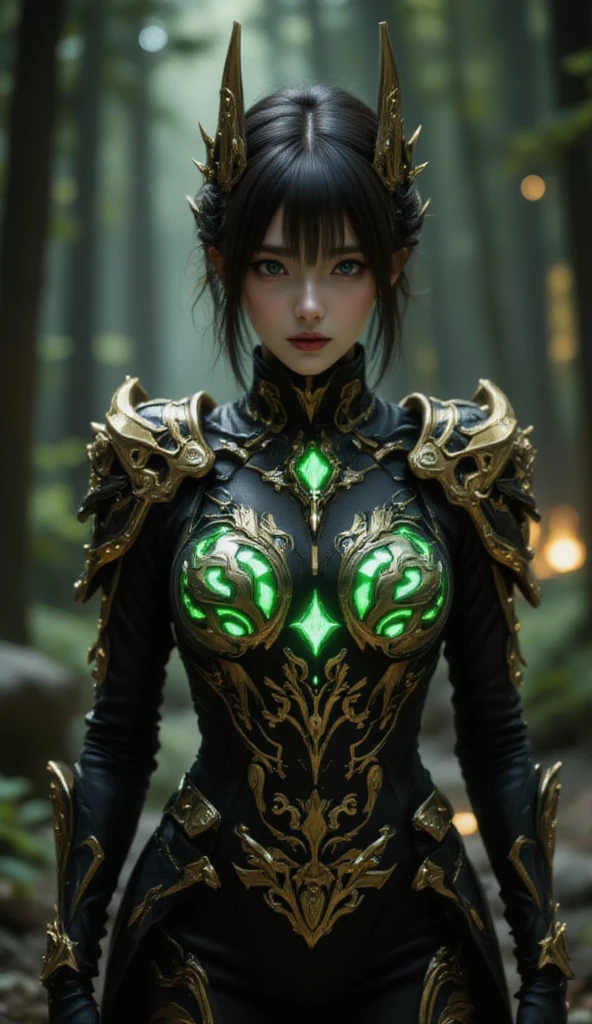 This image shows a cute loli girl wearing black and gold armor. The armor design is very intricate, featuring green glowing elements. The character's pose is very elegant, with the left hand raised and the right hand hanging naturally. The details of the armor are very rich, including the decorations on the shoulders and the complex patterns on the chest. The overall look gives a sense of power and mystery.