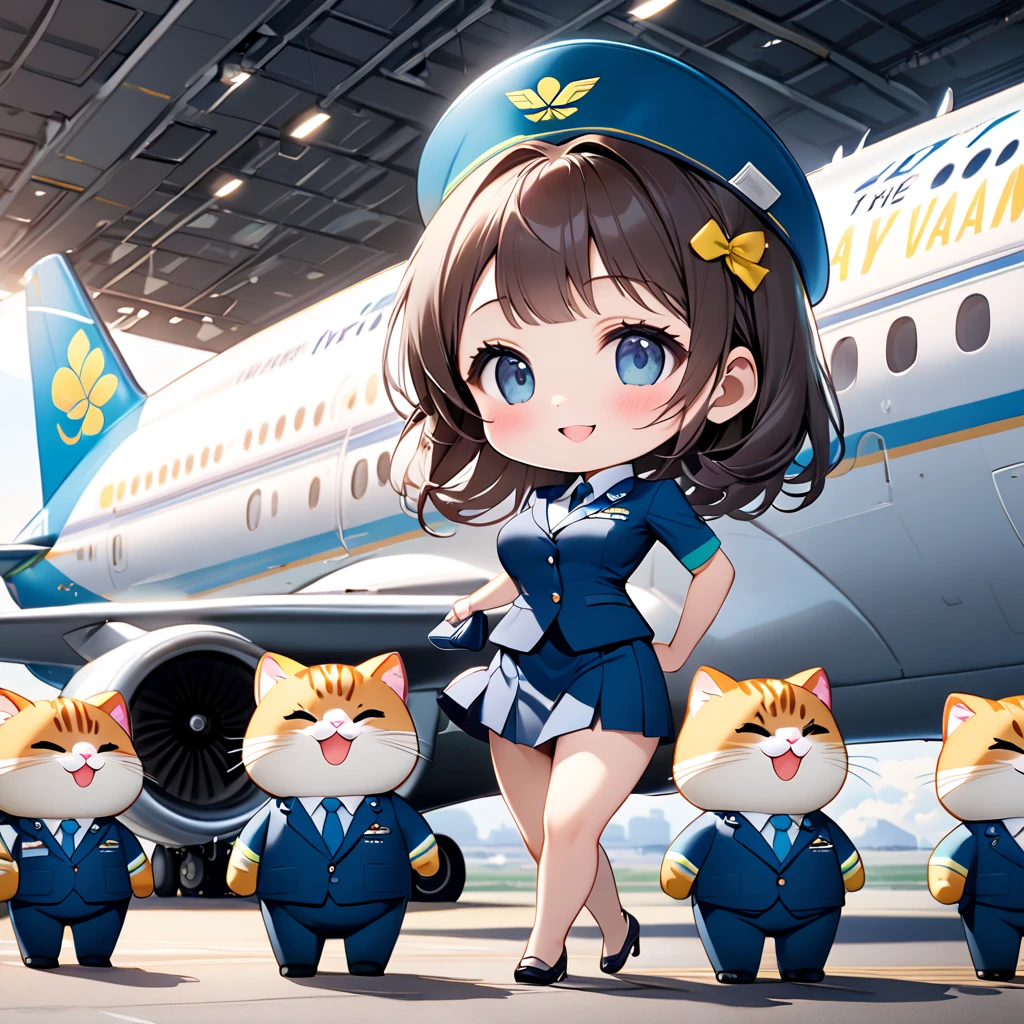 (masterpiece), (ultra-detailed), (best quality), (clear focus), dramatic scene, cinematic, shadow, (ultra-high resolution), (8k), perfect anatomy, perfect face, (detailed face), (detailed eye), (chibi:1.3), (cute Japanese chibi small girl:1.3), famous Japanese chibi idol, very beautiful with cute but cool face, (the girl is Vietnam Airlines flight attendant and wearing an elegant uniform:1.2), (medium breasts), (She is looking at the giant fat cat), (Instead of a aircraft tug a giant fat cat is pushing a plane:1.3), (the many giant fat cats are mewing on the roof of the aircraft:1.3), (detailed giant fat cat with jitome looks like a business man:1.2), the aircraft is just taking off, large tail wing of the airplane with company logo, they looks so happy, happy smile,