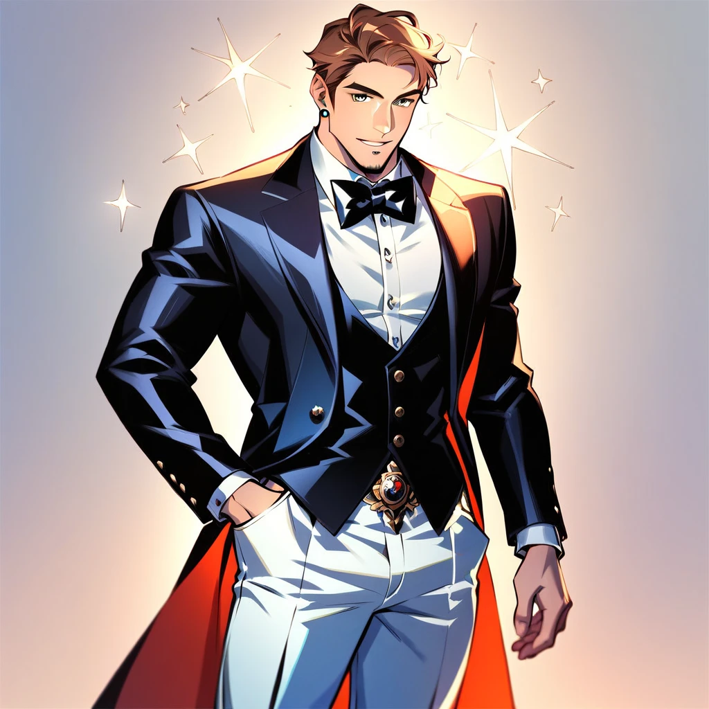 dapper large muscular man with short, curtain-style brown hair and a well-groomed mustache, brown eyes, gazing confidently at the viewer, dressed in an elegant black suit paired with a crisp white shirt and tailored white trousers, accented by a sleek black bowtie. He stands amidst a lavish high society gala, adorned with opulent decorations, sparkling chandeliers overhead, and elegantly dressed guests mingling in the background, capturing the essence of sophistication and grandeur, meticulously detailed