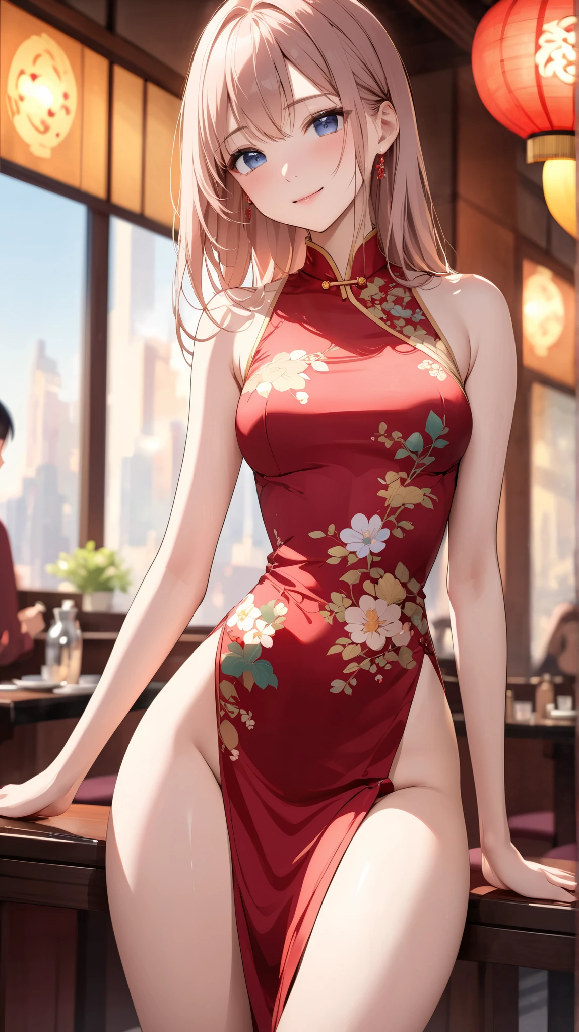 Please follow all prompts below exactly and faithfully. This is a breathtaking masterpiece of digital illustration, with maximum resolution, UHD, 512K, 2160p, 10 million ppi, 300 million dpi, natural color tones, ultra sharp details, perfect outlines with contrast, **most realistic skin and hair textures**, most beautiful detailed eye features, perfect anatomically correct human body, beautiful background with depth, rule of thirds, depth of field, Maximize all element is used to its full potential to create the best digital illustrations, looking back, from behind, 1woman, sexy:1.5, beautiful face sharp, elegant woman, perfect body style, slender, beautiful big breasts, green eyes, blonde hair, hair over one eye, short hair, glossy very thick lips:0.7, pink lipstick:0.7, smile, (Chinese clothes:1.5), ultra miniskirt:1.3, neckless:1.5, earring, bracelet, (open cafe:1.5),